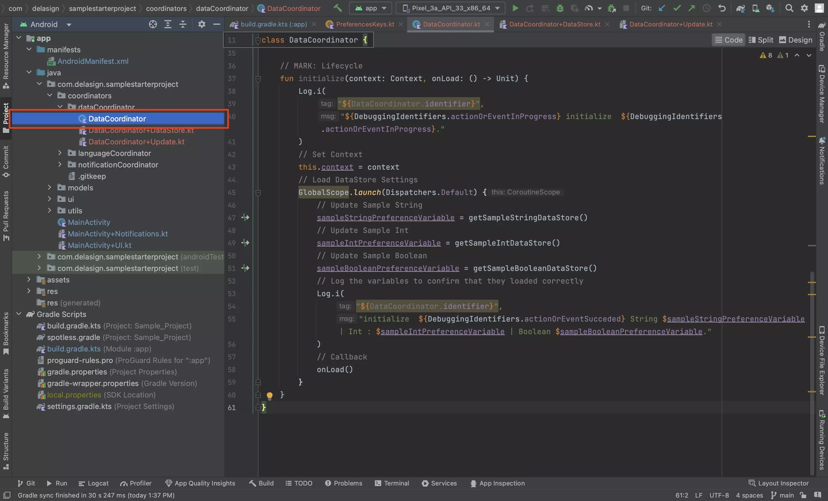 A screenshot of Android Studio showing the DataCoordinator.kt file with the updated initialize function. The code is available below.