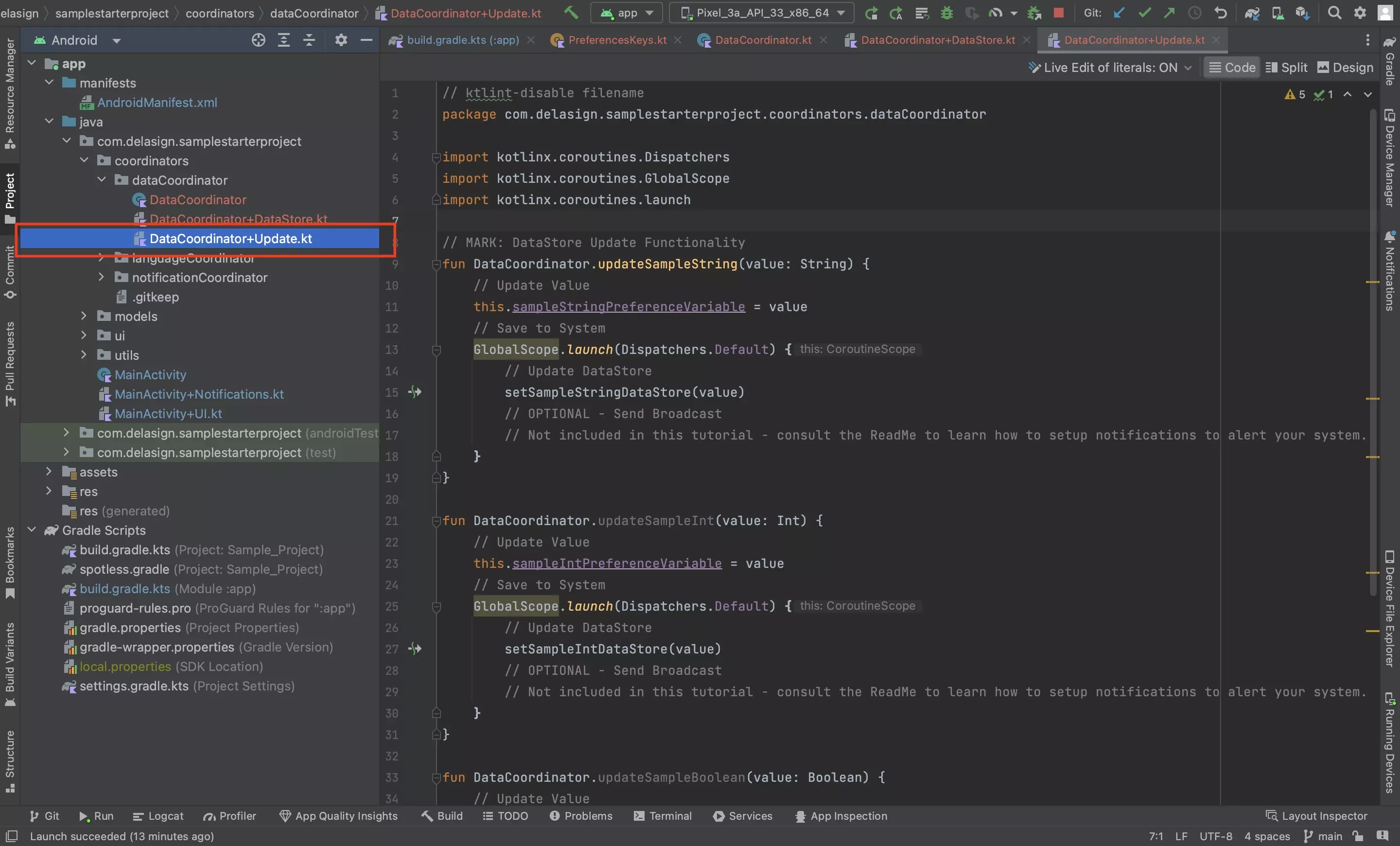 A screenshot of Android Studio showing the DataCoordinator+Update.kt file with the code that’s available below.