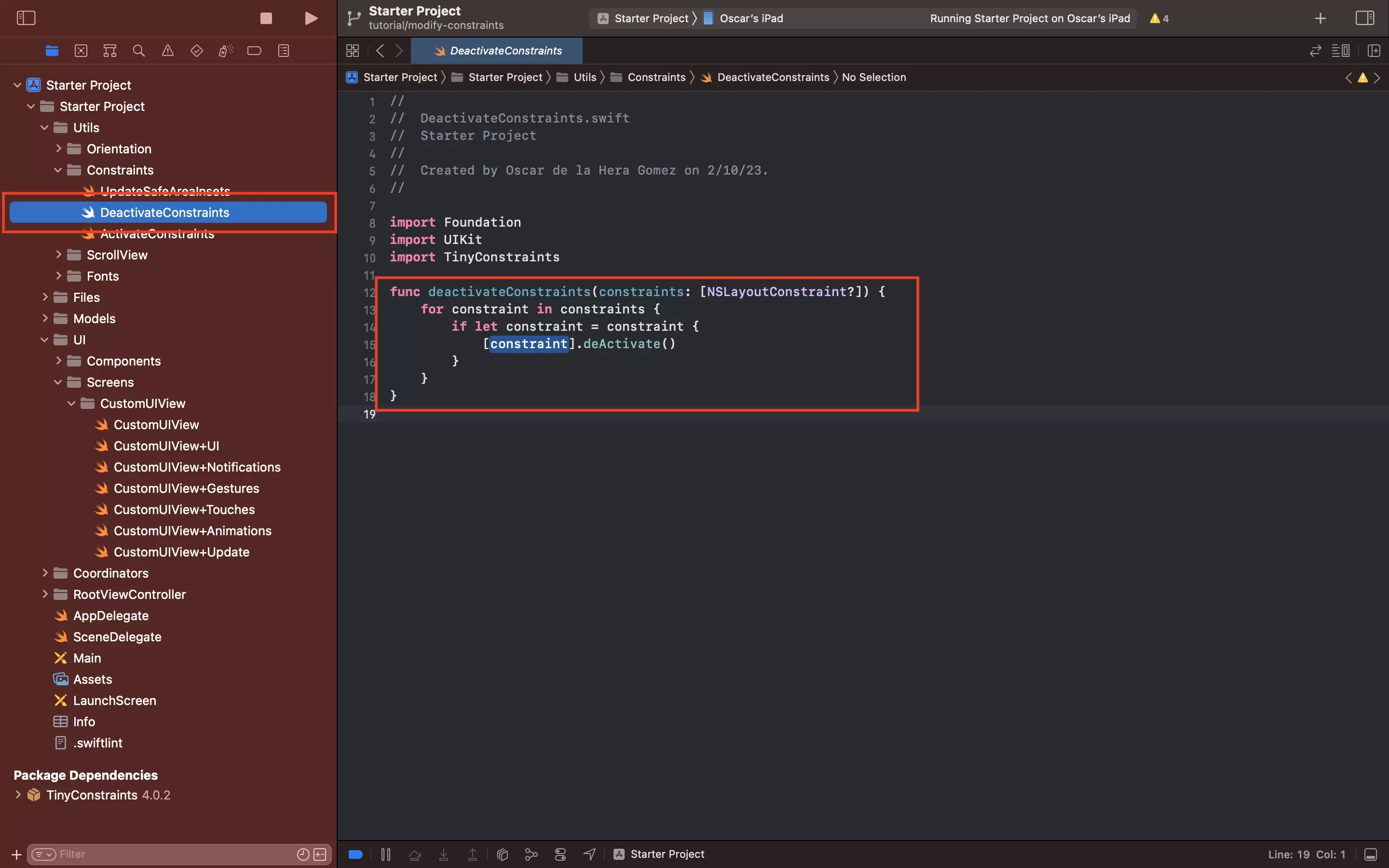 A screenshot of Xcode with a highlight on the Deactivate Constraints utility location, as well as its code.
