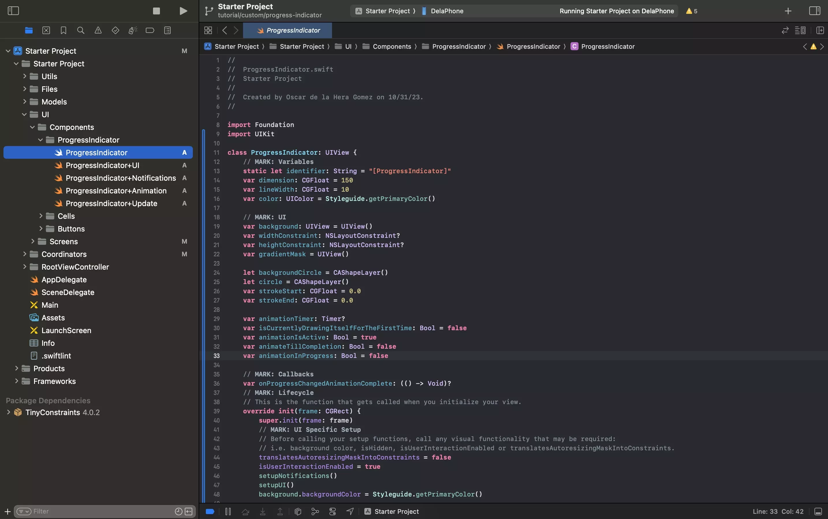 A screenshot of XCode showing the ProgressIndicator.swift file. Code available below.
