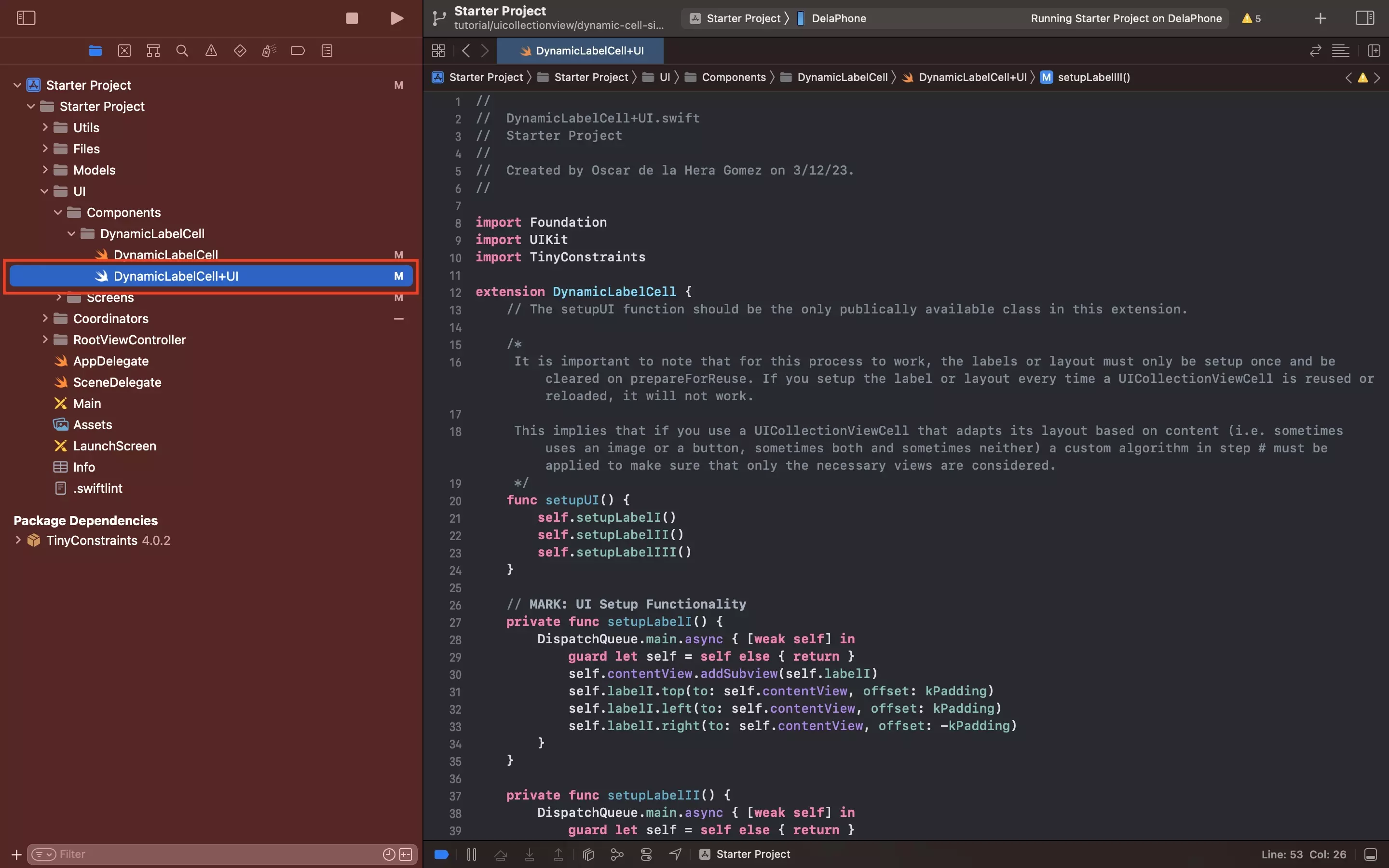 A screenshot of the newly created DynamicLabelCell+UI.swift file in XCode. Code available below.