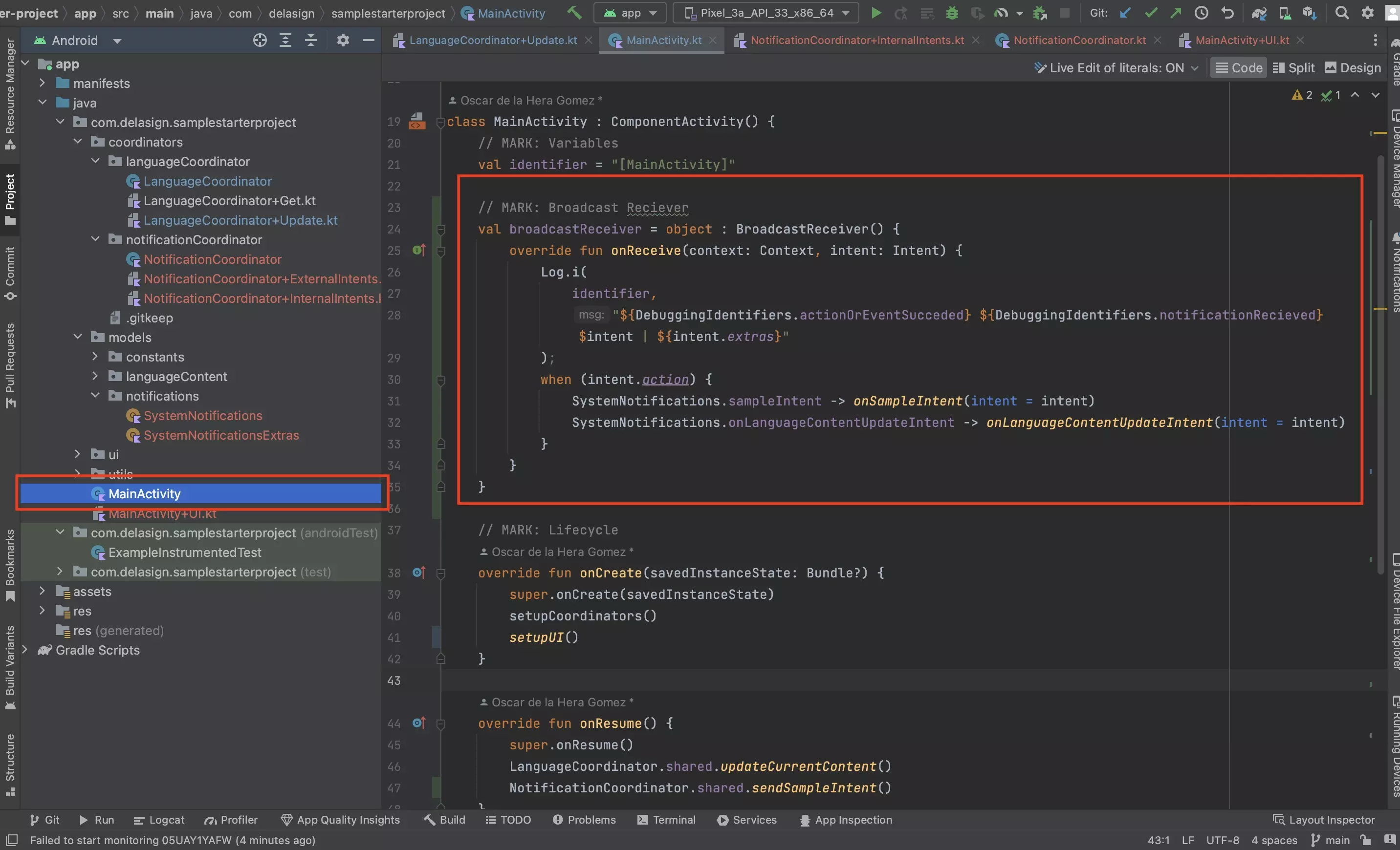 A screenshot of Android Studio showing you how to declare a Broadcast receiver in an activity. Code available below.