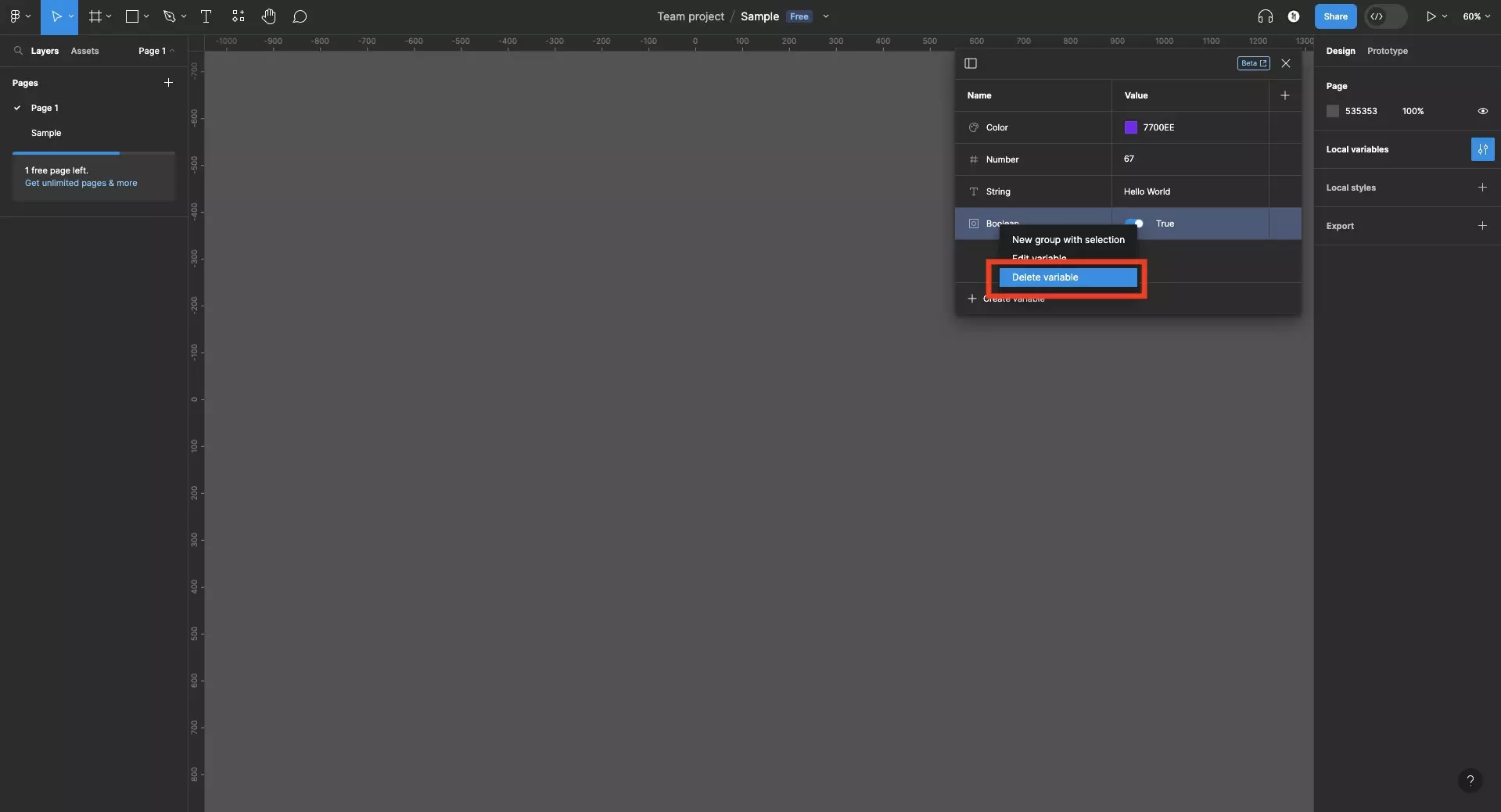 A screenshot of Figma showing the Variable window open, it shows 4 variables with default names. The four variables are a color, number, string and boolean.  On the screenshot is the menu that appears when you right click a variable. Highlighted on this menu is the “delete variable” menu option. Click it to delete the variable.