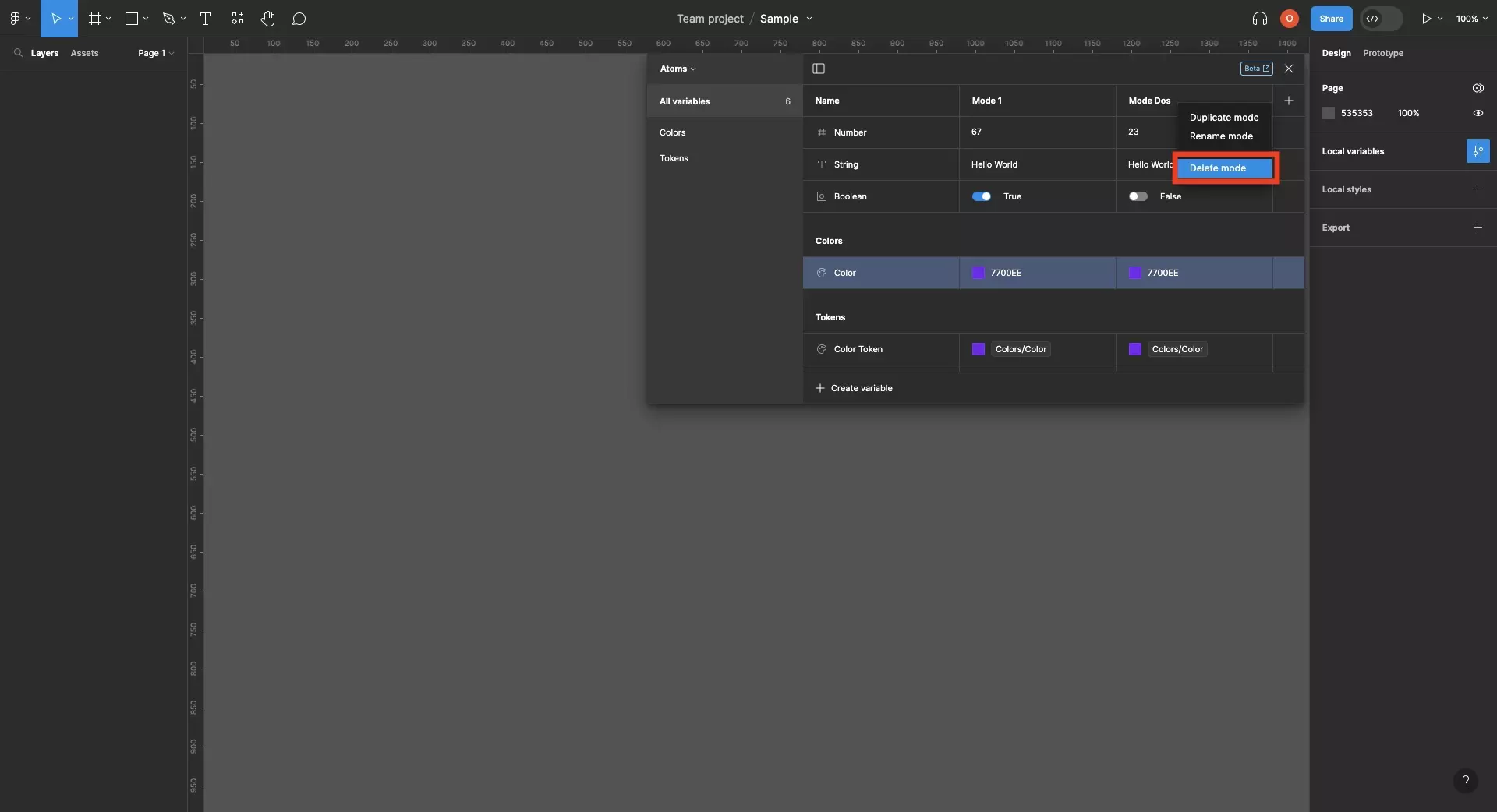 A screenshot of Figma that shows that if you right click a mode within the variables window, a menu will appear that allows you to click "Delete Mode." Click this menu option to delete the mode.