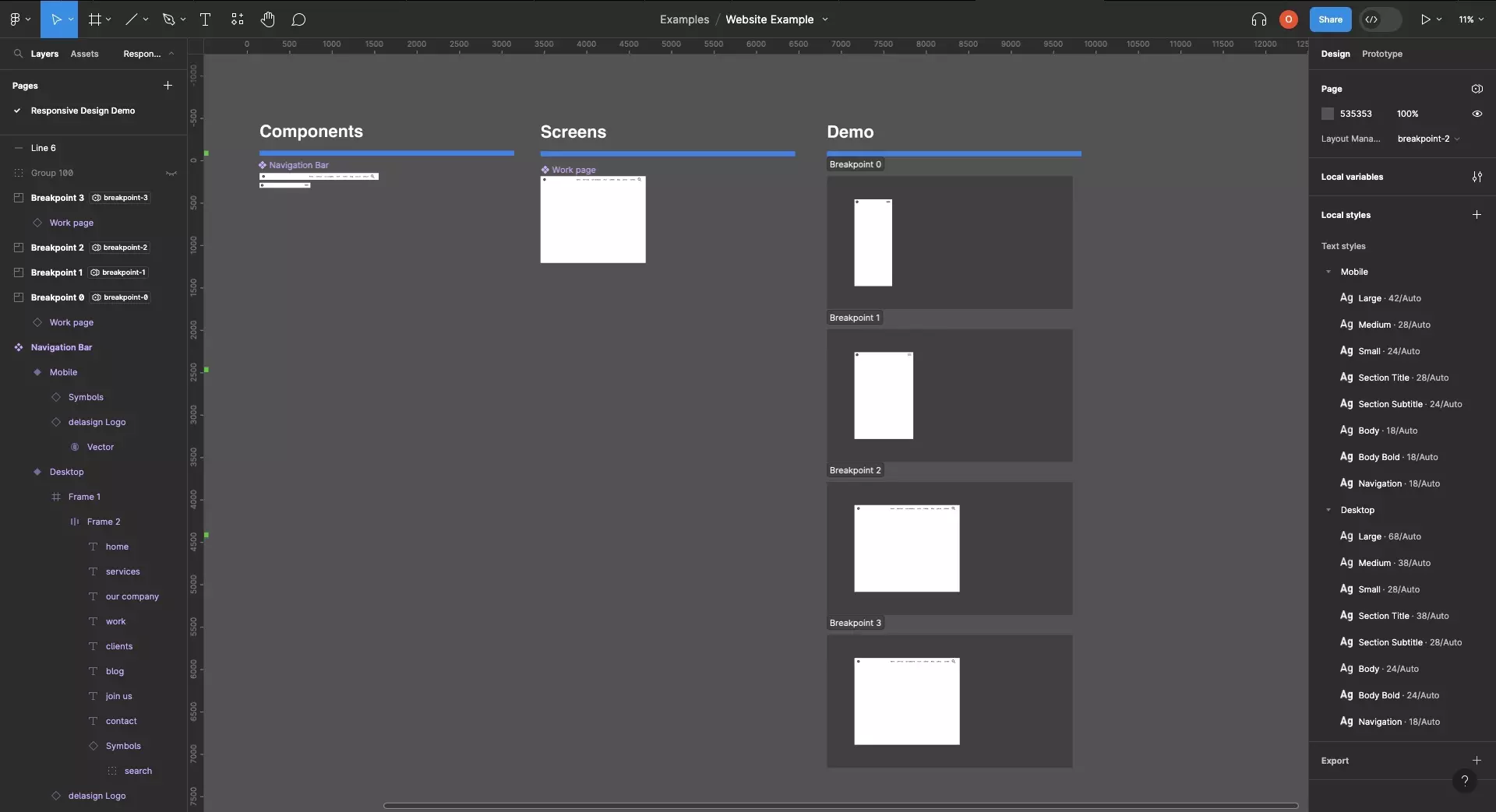 A screenshot of Figma showing how we have created 4 sections for each of the four breakpoints. Each section has a work page that looks different and can be scaled differently, based on the breakpoint mode that the section is set to.