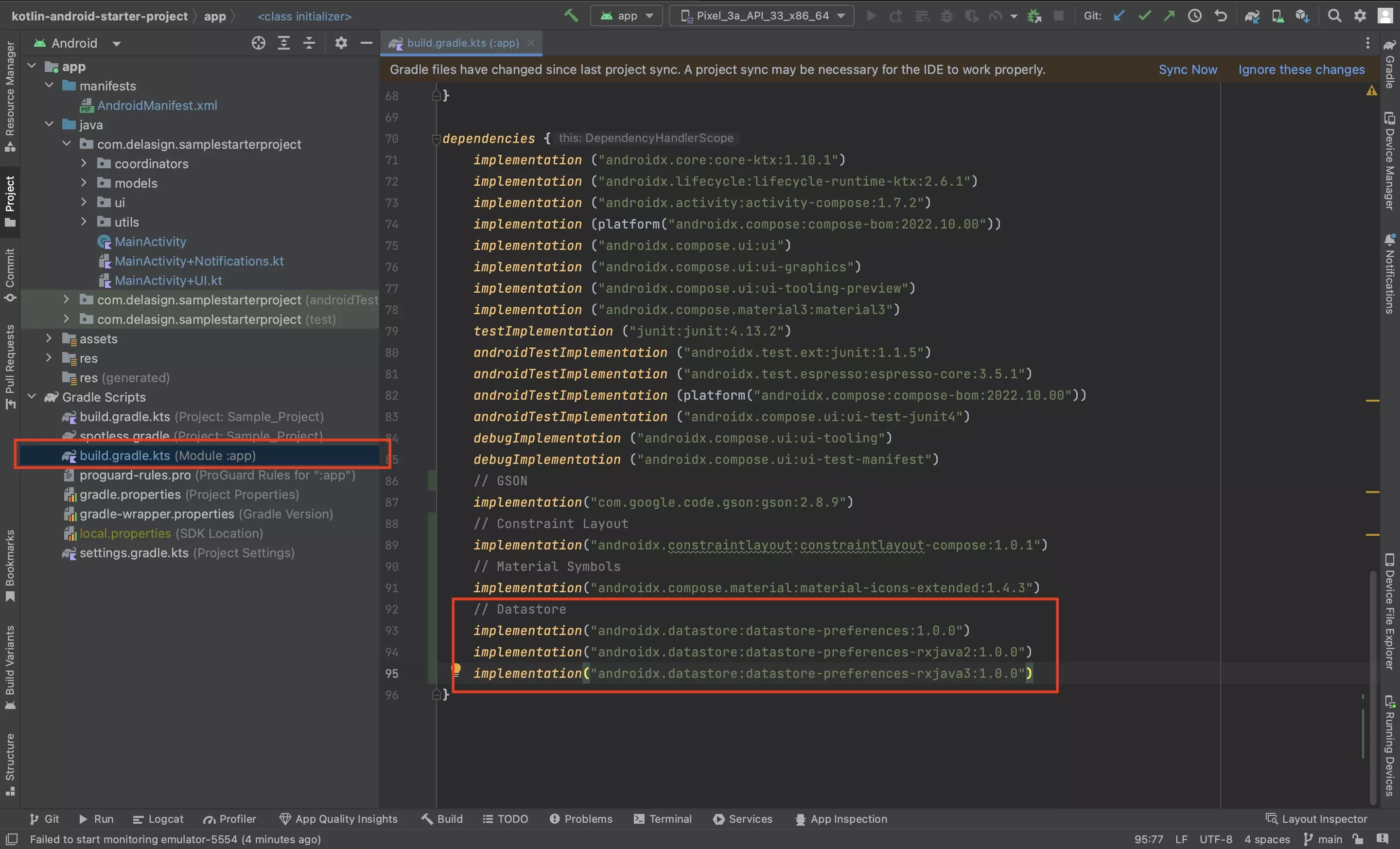 A screenshot of Android Studio showing the app level build.gradle.kts file. Highlighted is the addition of the dependencies required for the DataStore to work.