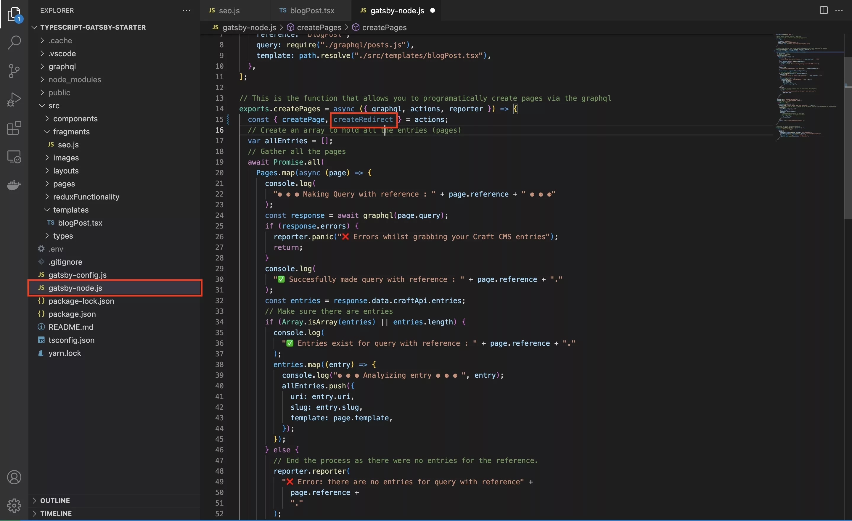 A screenshot of VSCode showing you how the destructure the createRedirects prop within the actions available in the createPages function of the gatsby-node.js script.