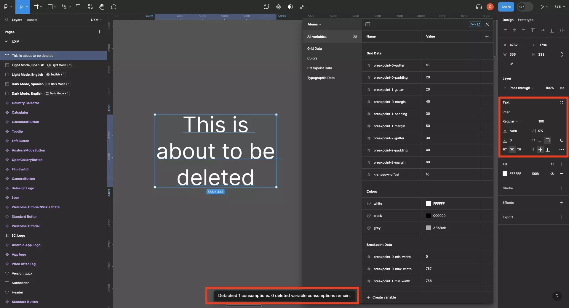 A screenshot of Figma showing how the deleted variables are no longer applied to the text UI element. It also highlights the alert that appears at the bottom of the screen informing you of how many deleted variables it detached.