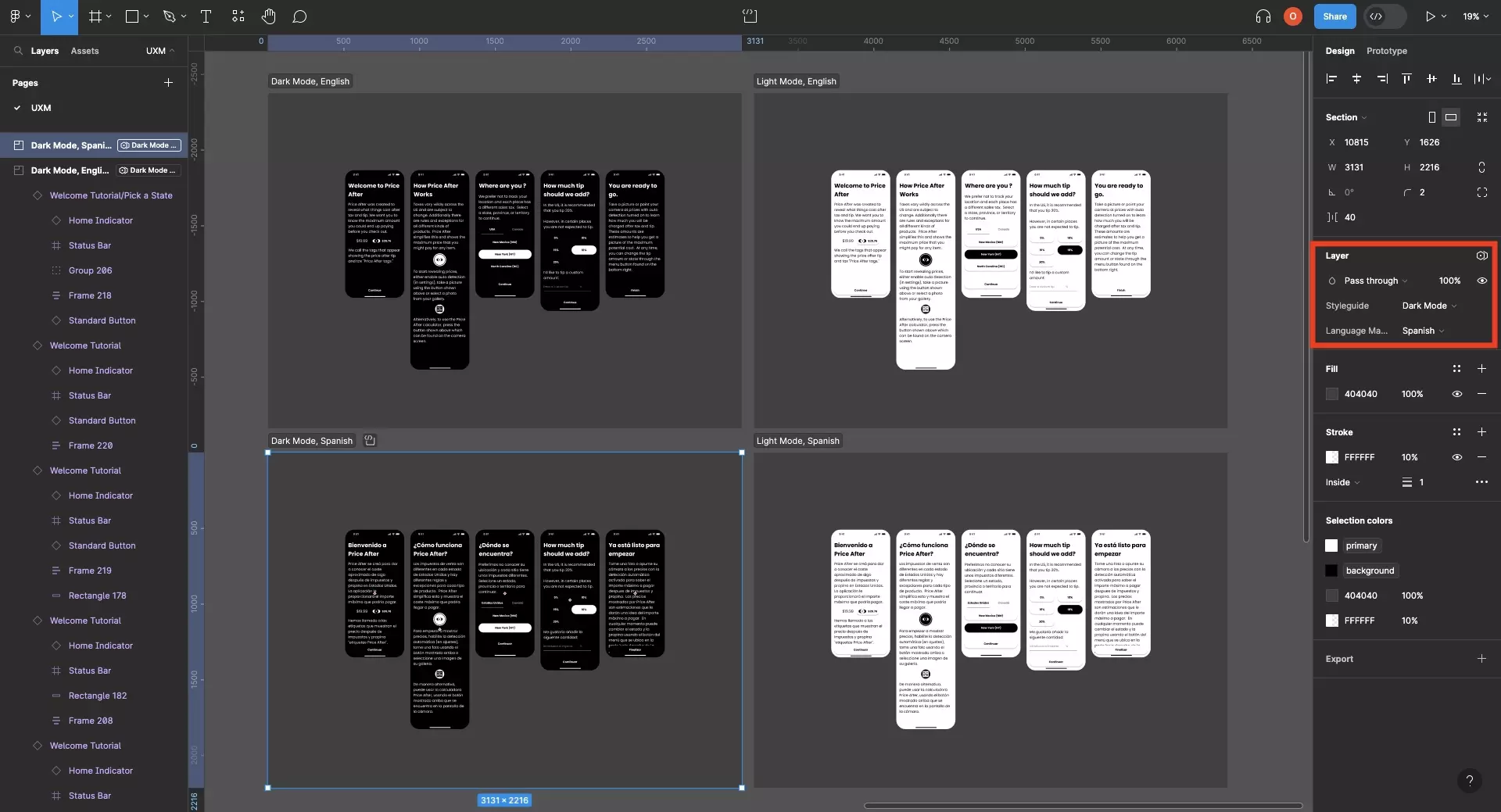 A screenshot of Figma showing 4 sections that represent Dark Mode, English; Light Mode, English; Dark Mode, Spanish and Light Mode, Spanish. Each section shows the correct colors as well as the right language content.