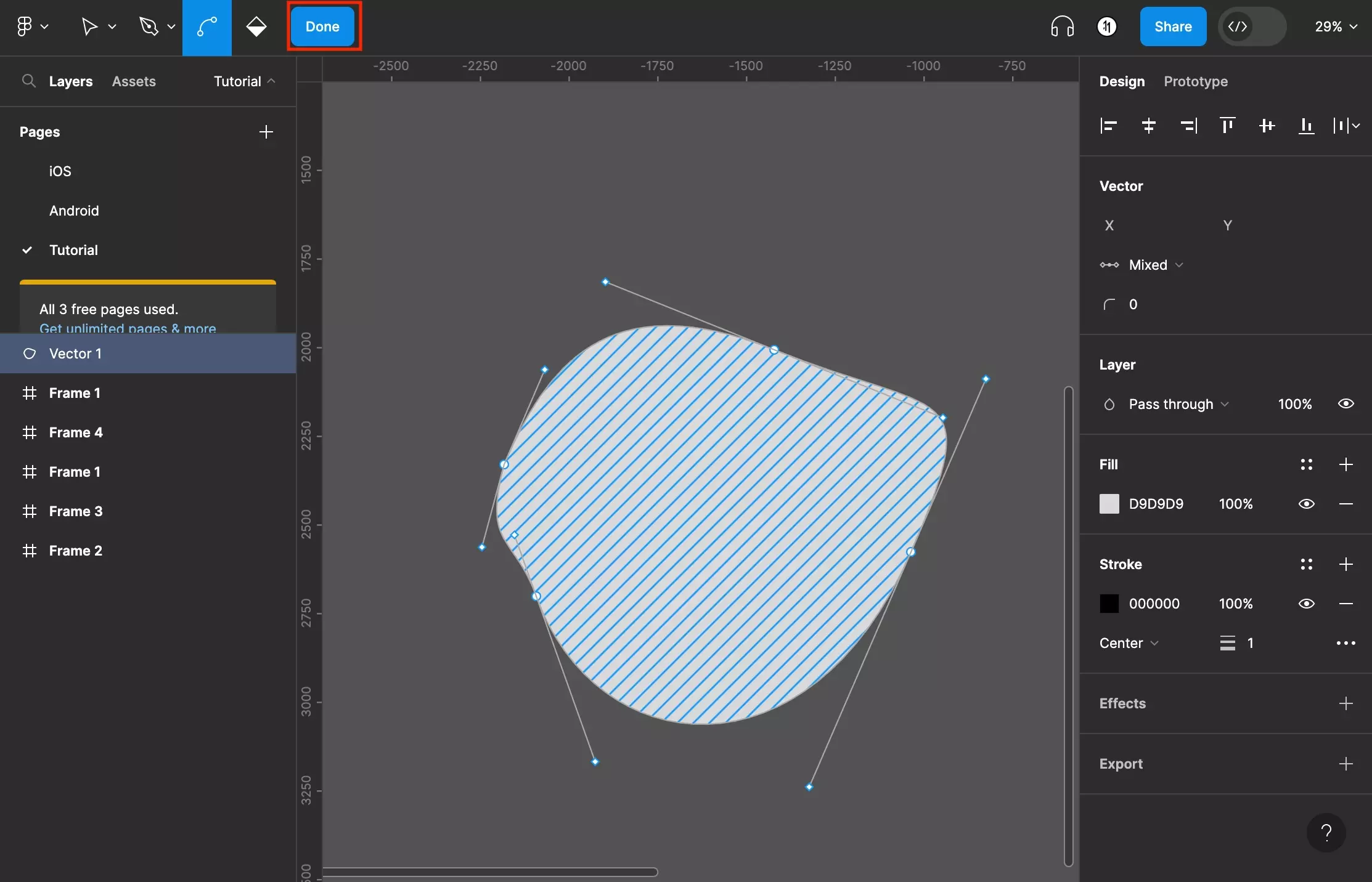 A screenshot of Figma showing a shape drawn using the pen tool. It has been filled in with the paint bucket. Highlighted on the top menu bar is  the “Done” button. Click this button to exit the pen tool.  Alternatively, press the esc key on your keyboard.