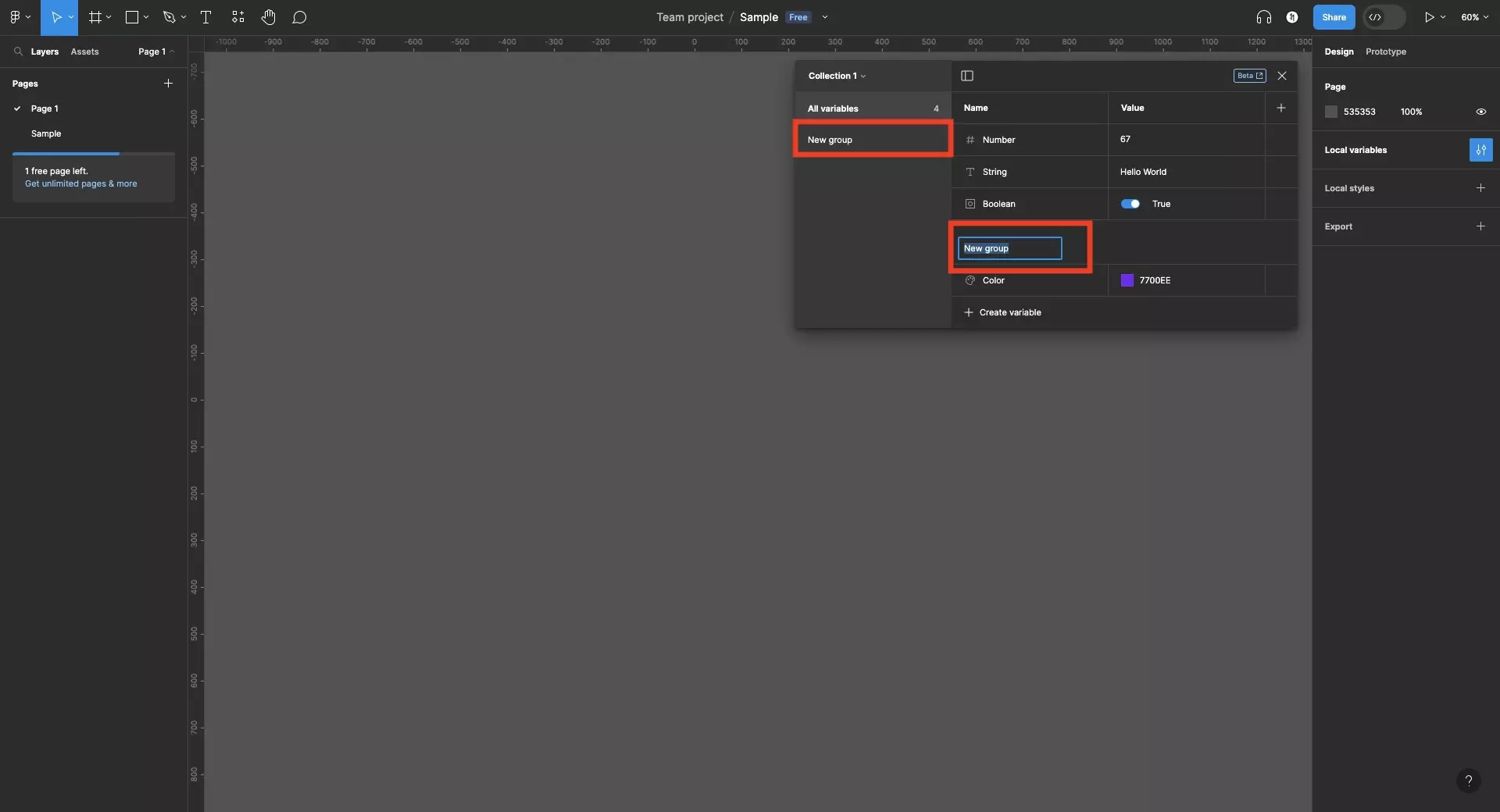 A screenshot of Figma showing the Variable window open, it shows 4 variables with default names. The four variables are a color, number, string and boolean.  They are split across two groups, “all variables” and “new group”. The variable window sidebar is open and we have highlighted the “new group” in the main variables window and in the sidebar. Double click either of these to edit the name. Press the enter key when you are done changing the name.