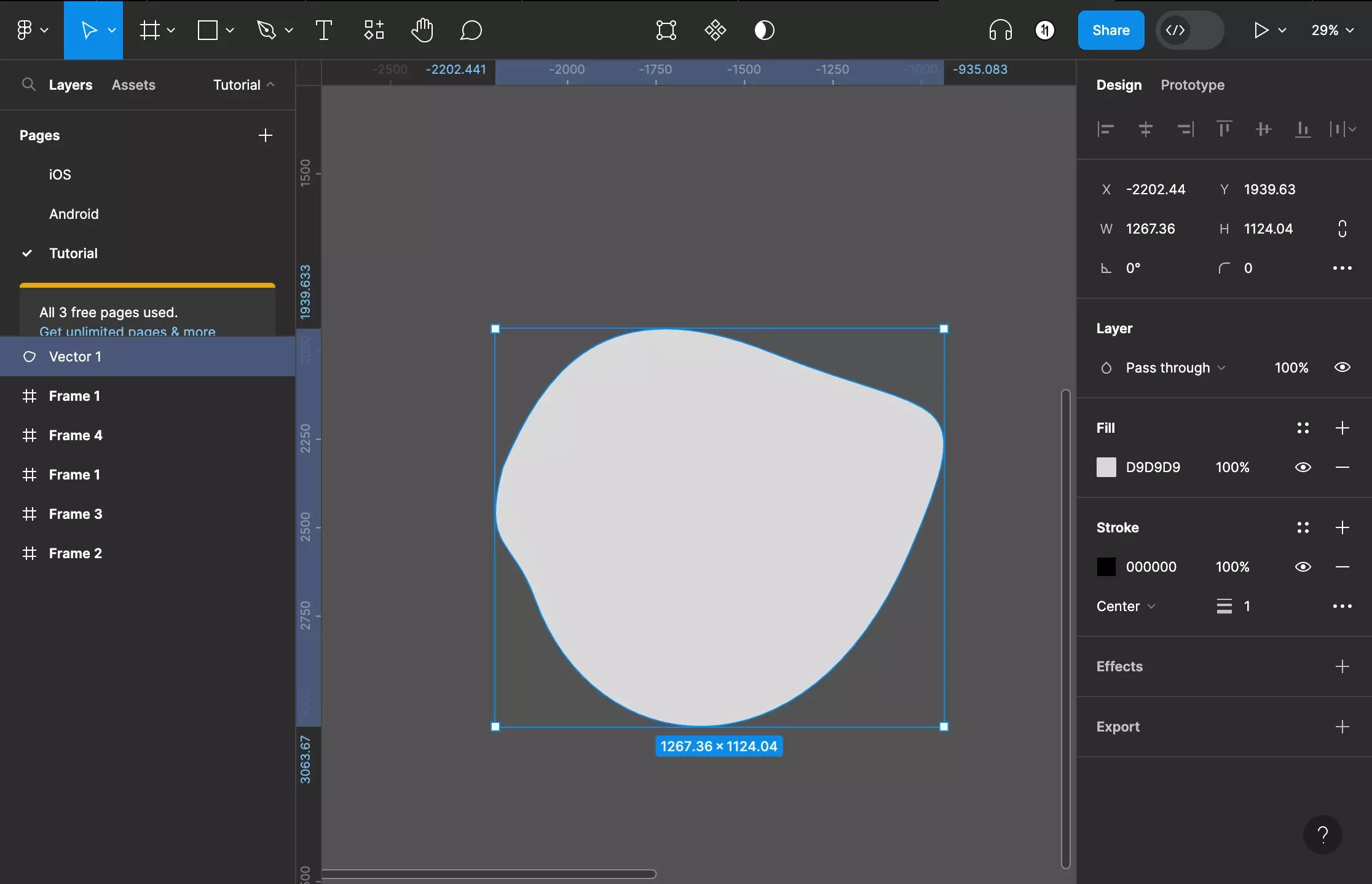 A screenshot of Figma showing a shape drawn using the pen tool. It has been filled in with the paint bucket and is currently selected. To re-enter the pen tool mode for a shape, double click it after selecting it.