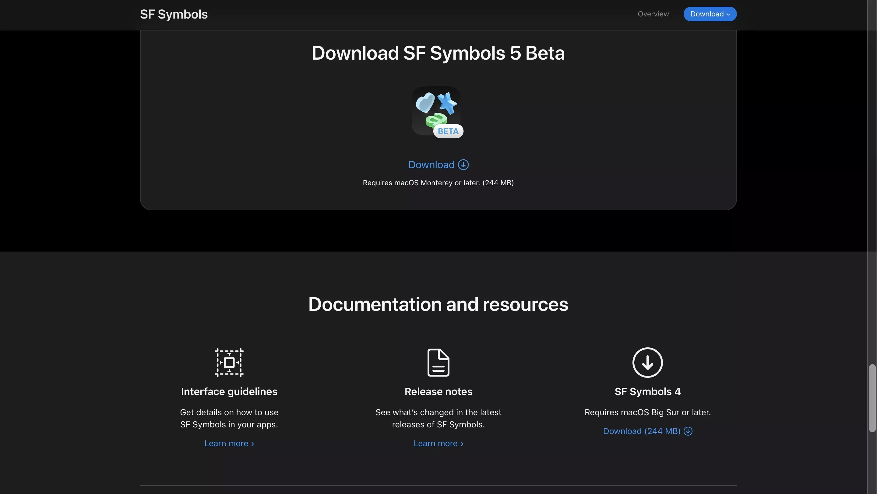 A screenshot of Apple Developer's website showing how you can download SF Symbols.