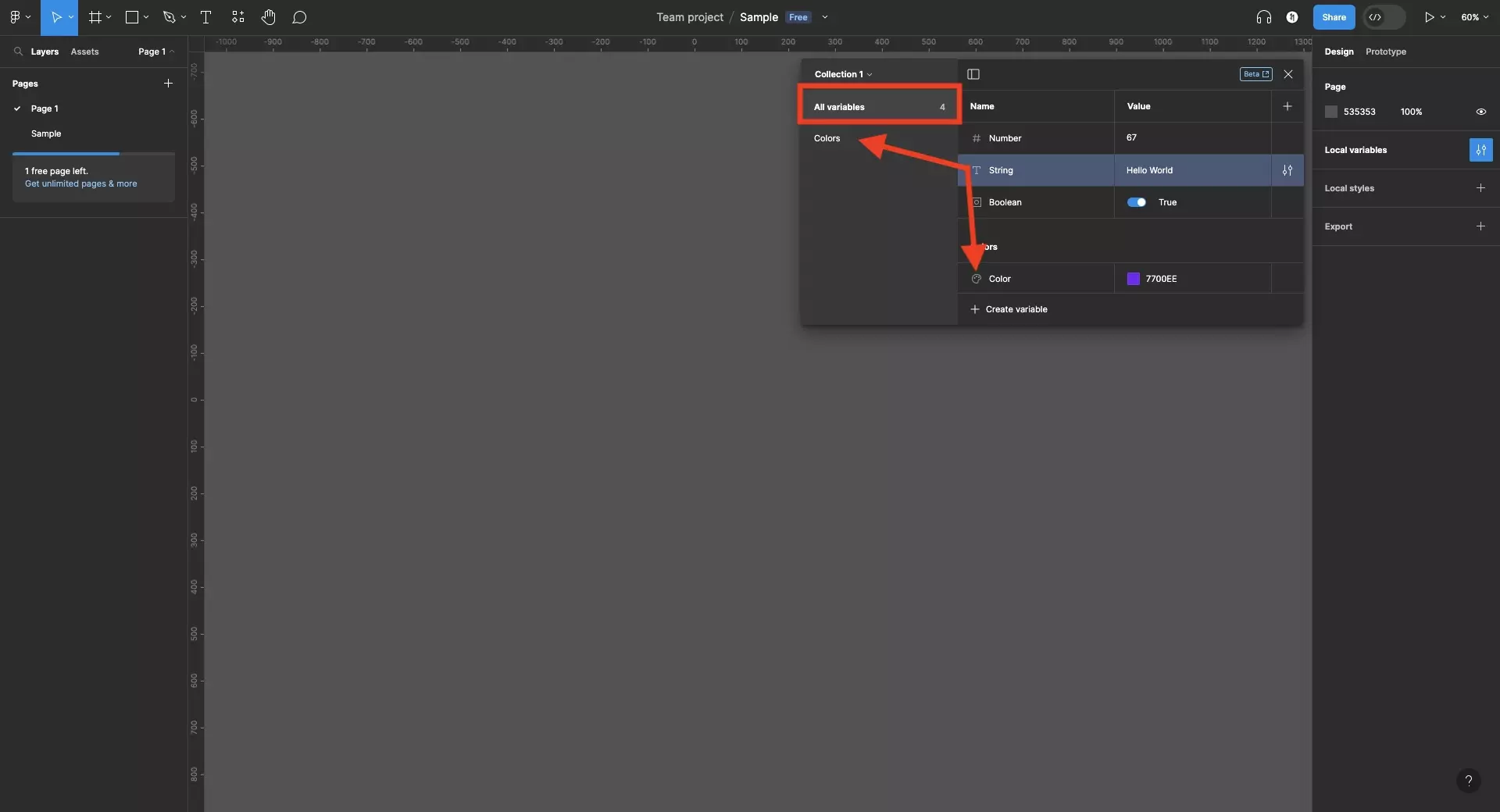 A screenshot of Figma showing the Variable window open, it shows 4 variables with default names. The four variables are a color, number, string and boolean.  They are split across two groups, “all variables” and “colors”. The variable window sidebar is open and the “all variables” group is selected and highlighted - this must be selected in order for you to be able to move any variable around within a collection. Once you have selected all variables, click and then drag and drop the variable into the group you wish to move it into. This can be done by dragging and dropping into the group in the main window or on the side bar.