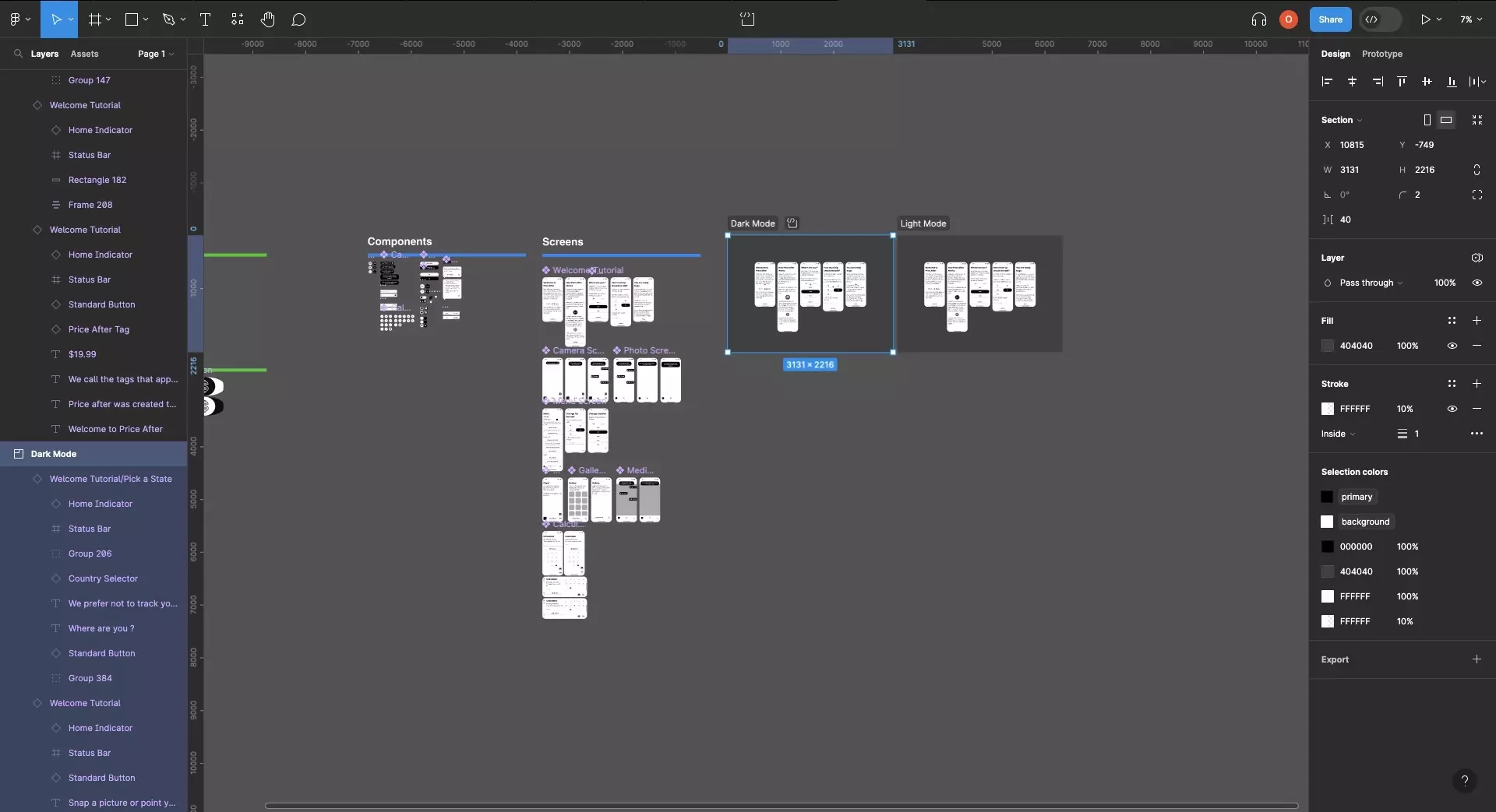 A screenshot of a Figma design files showing UI elements and two sections called "Light Mode" and "Dark Mode." We have dragged in an element into each of them. This element has features that use light mode and dark mode but all show light mode as this is the default mode.