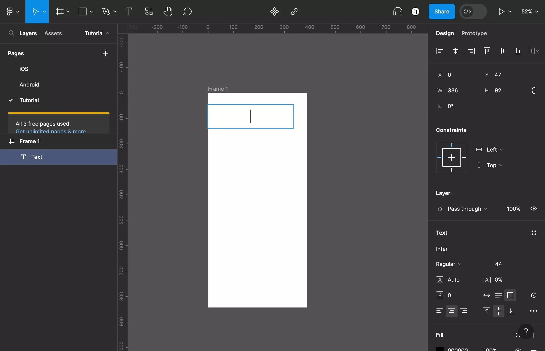 A screenshot of Figma showing a text frame having been added to a frame. To do this, click and drag the mouse to draw a rectangle and Figma will create a frame of that dimension.