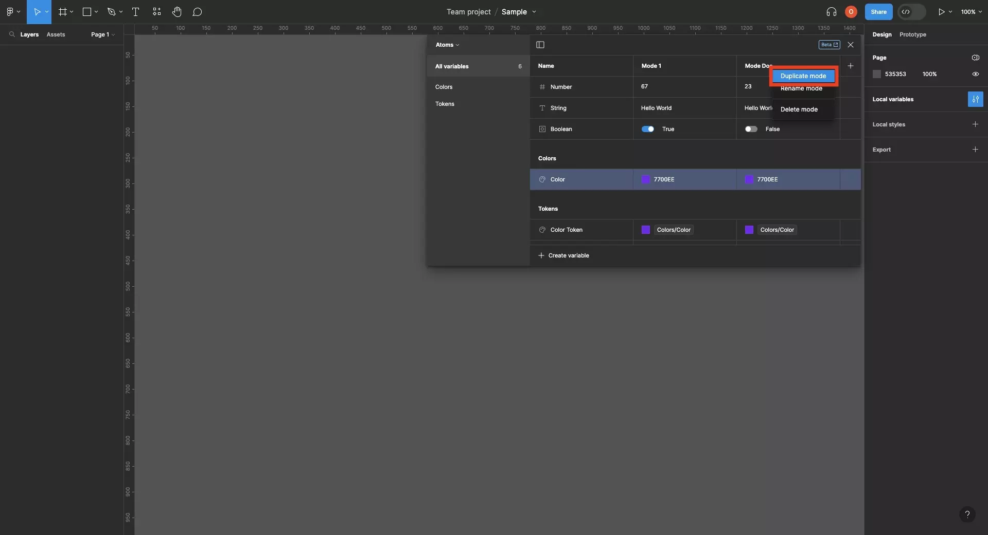 A screenshot of Figma with the variables window open. If you right click a mode, a menu appears that allows you to duplicate a mode by clicking "Duplicate mode."