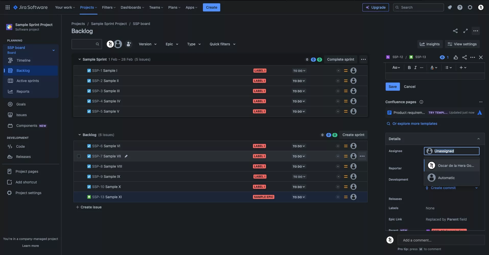 A screenshot of the JIRA backlog with an issue selected. On the view that appears that details the ticket we have highlighted the Assignee field and the pop up that appears that allows you to change the assignee.