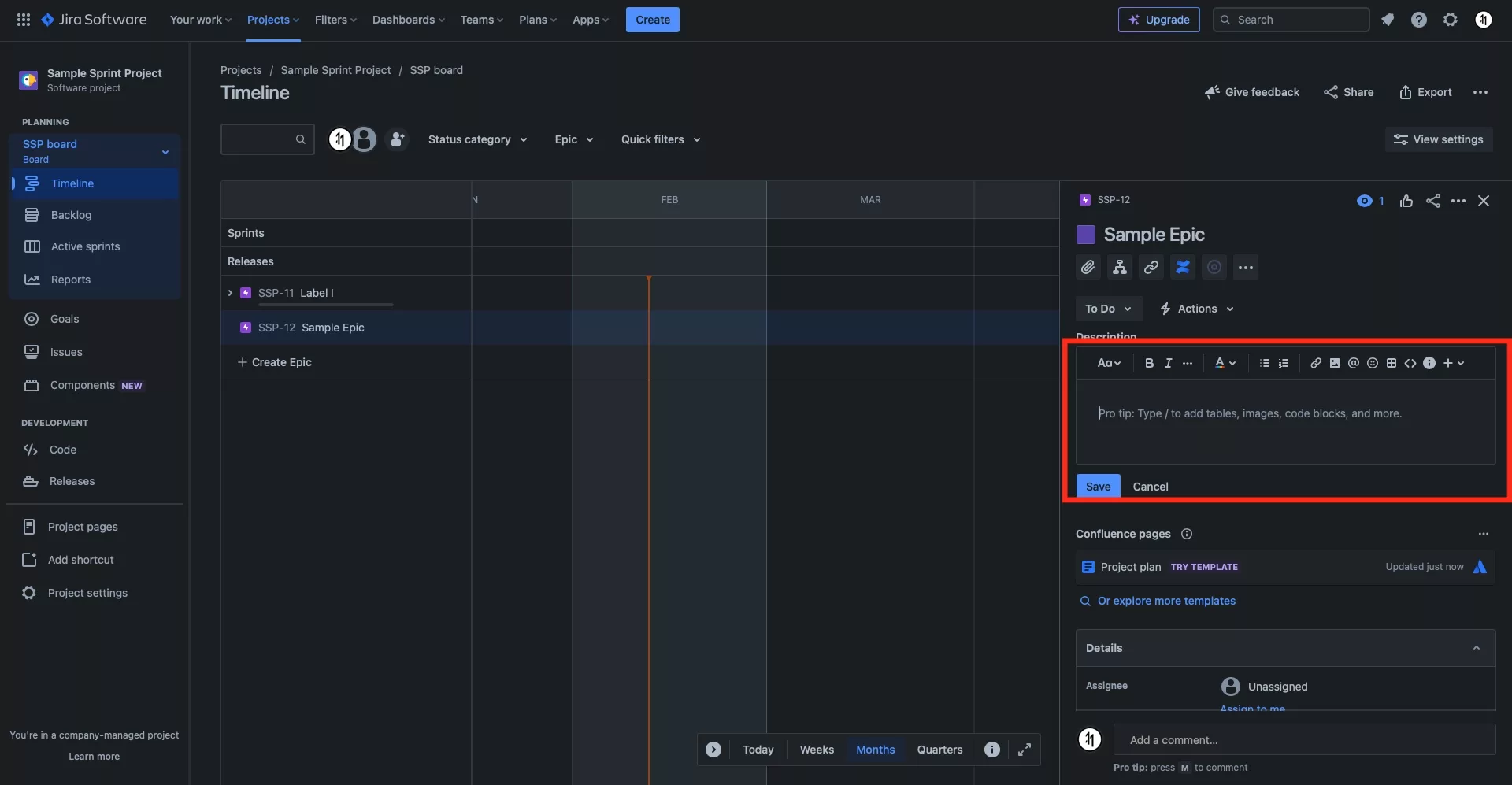 
<p>A screenshot of the Jira timeline screen with an epic selected. A view appears on the right hand side which includes a description. If you select the description input you can type in the new description and save it by pressing the save button.</p>
<p></p>