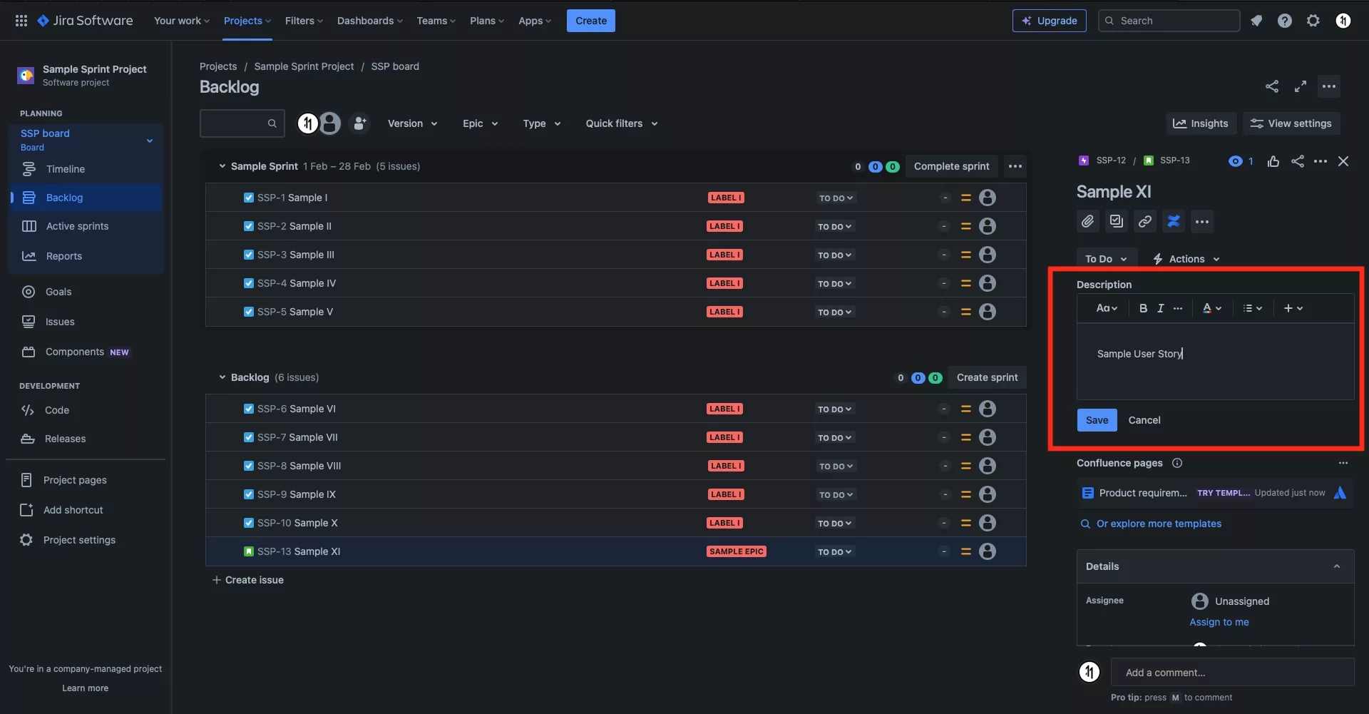 A screenshot of the JIRA backlog with an issue selected. On the view that appears that details the ticket we have highlighted the description field which can be edited and the save button that appears.