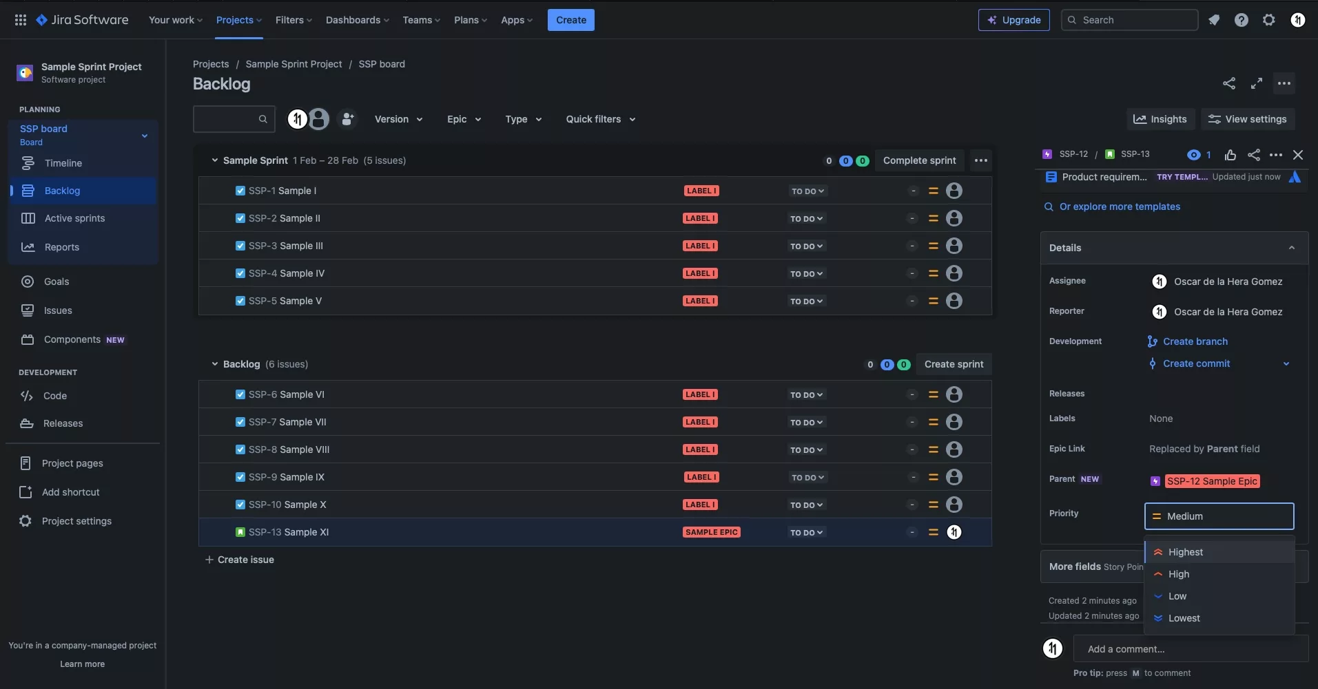 A screenshot of the JIRA backlog with an issue selected. On the view that appears that details the ticket we have highlighted the priority field and the pop up that appears that allows you to select the priority.