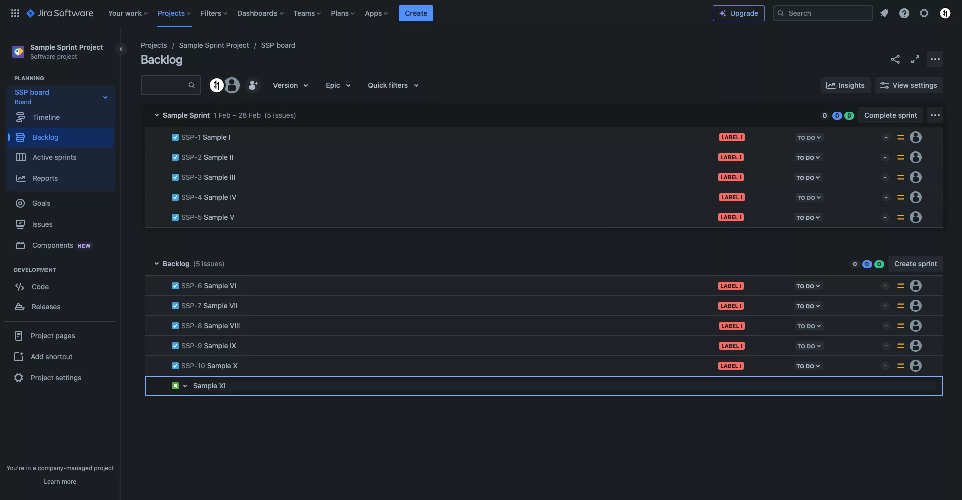 A screenshot of a JIRA backlog after a user selects + Create issue. Highlighted is the input that appears that allows you to enter a name. Type in the name and press the enter key.