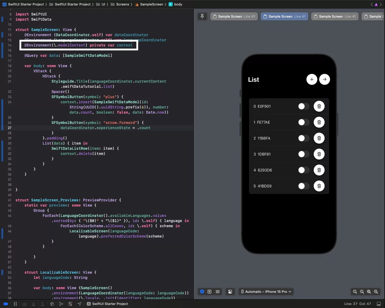 A screenshot of the SampleScreen code highlighting how to use the model context through an environmental property wrapper.