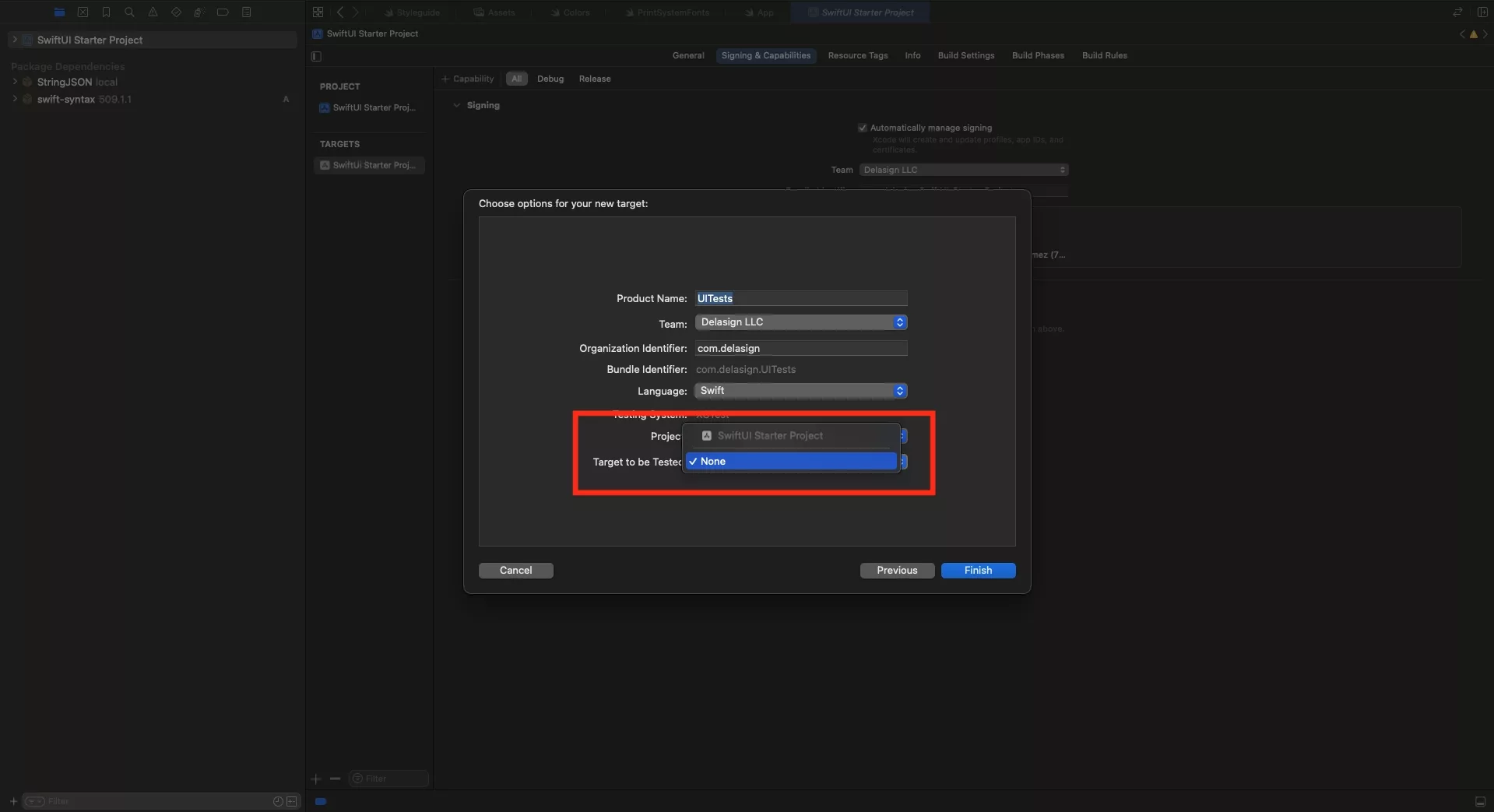 A screenshot of the modal that appears when you attempt to add a UI Testing Bundle or a Unit Testing Bundle. Highlighted in red is how you cannot add a target to be tested.