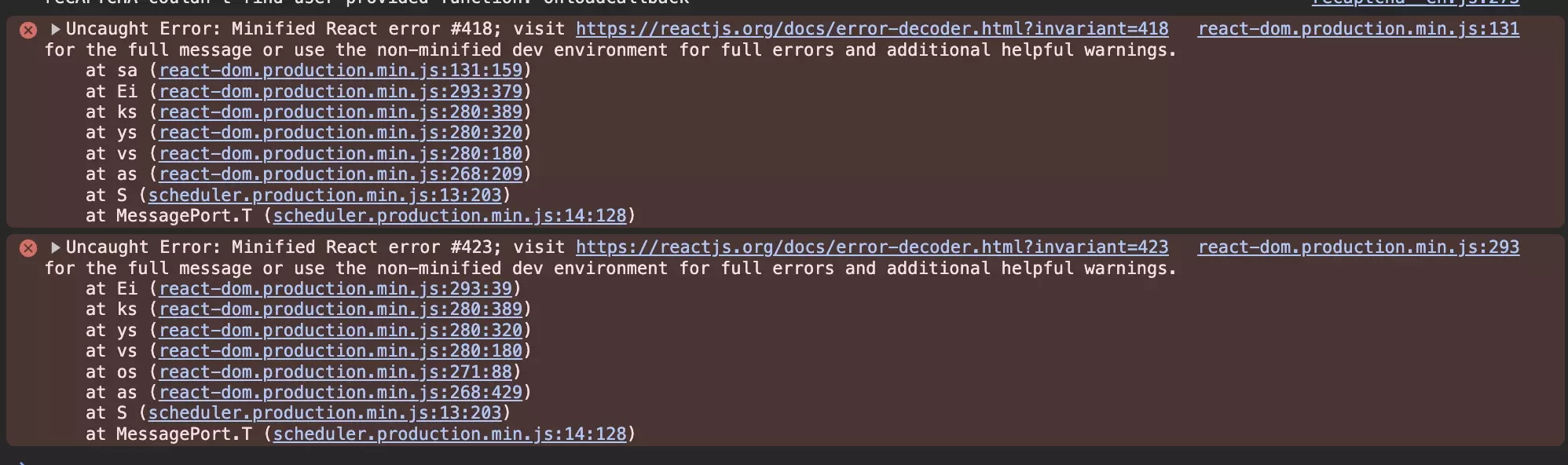 A screenshot of the Chrome inspector showing the minified react error 418.