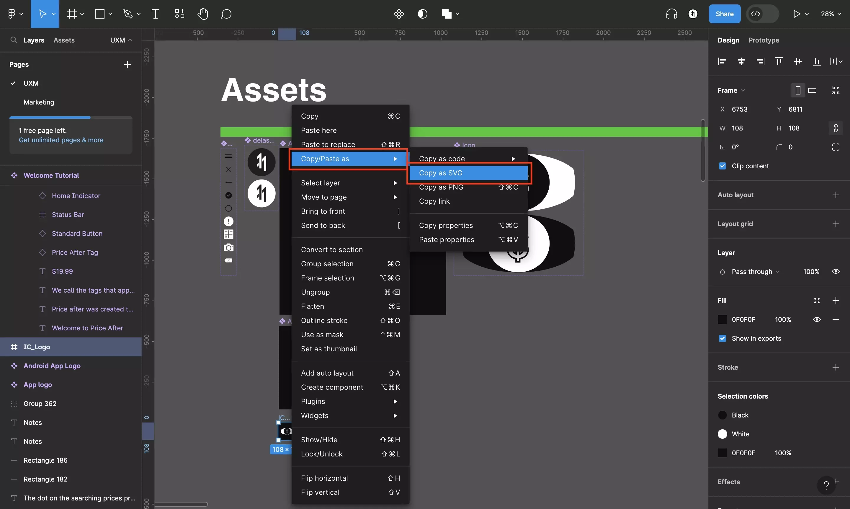 A screenshot of Figma showing you the menu that appears when you right click on a frame or objects. If you select Copy / Paste as > Copy as SVG, you will export the SVG as code.