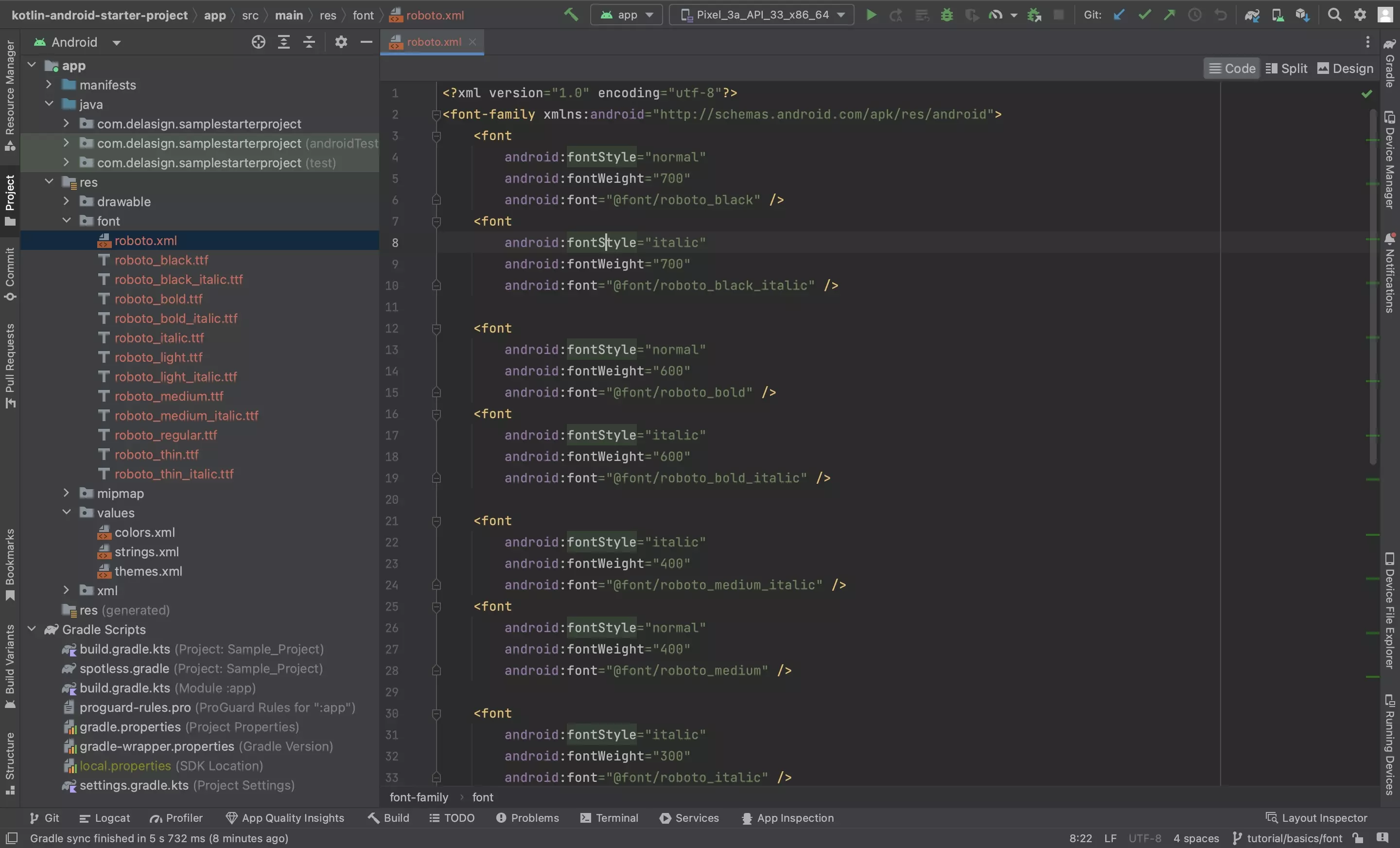 A screenshot of Android Studio showing how we populated the fonts resource file with all the robots fonts.