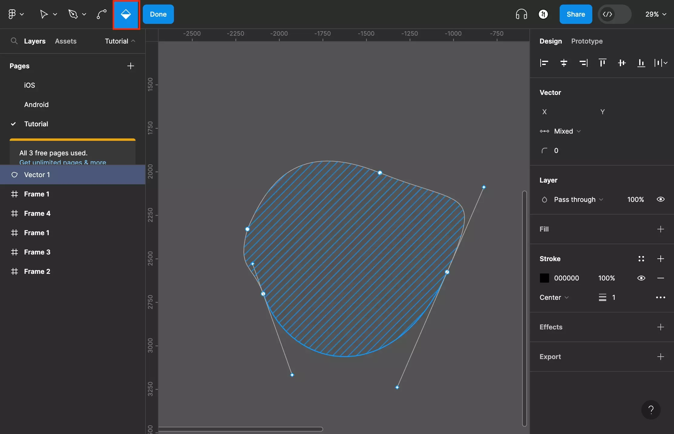 A screenshot of Figma showing a shape drawn using the pen tool. The interior of the shape has a pattern, which appears when you select the paint bucket tool and hover your mouse over a shape. To activate the paint bucket tool, select it on the top menu bar or press the B key on your keyboard.