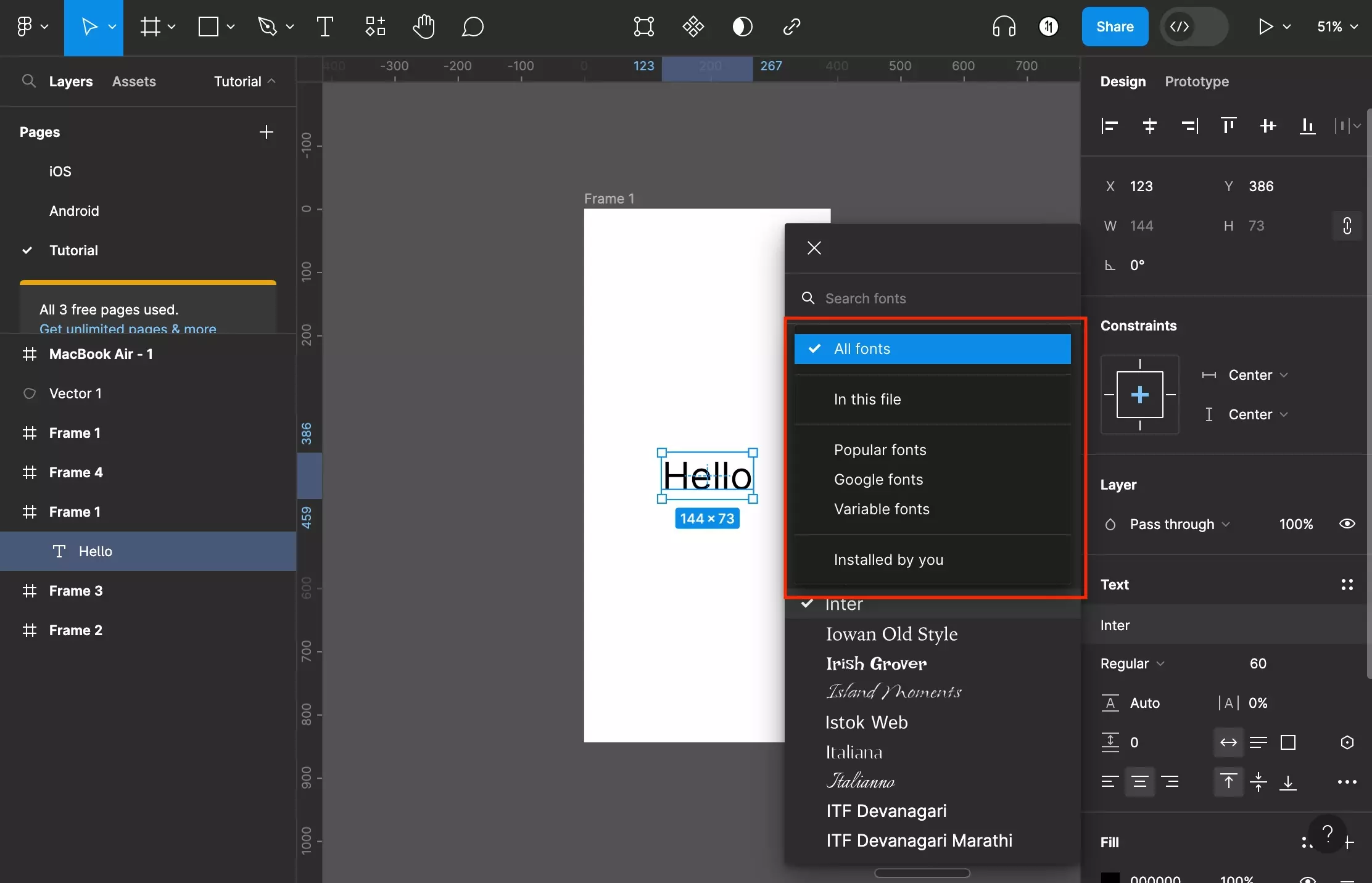 A screenshot of Figma that shows you a frame with text on it. The filter fonts dropdown is open. The options on the dropdown are All Fonts, In this File, Popular Fonts, Google Fonts, Variable Fonts and Installed by You.