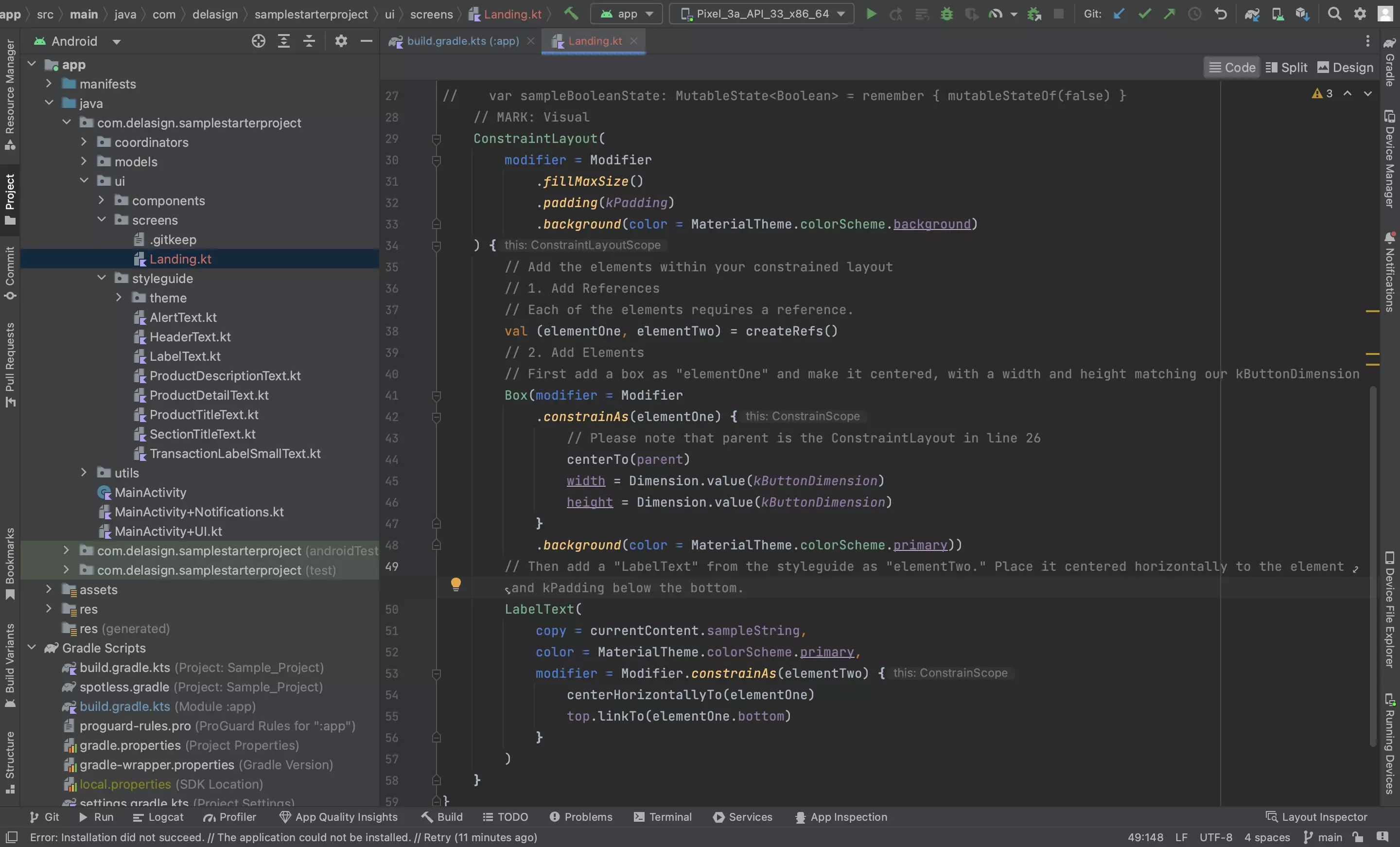 A screenshot of Android Studio showing the completed code at the end of the exercise. Follow the steps below to recreate this image.