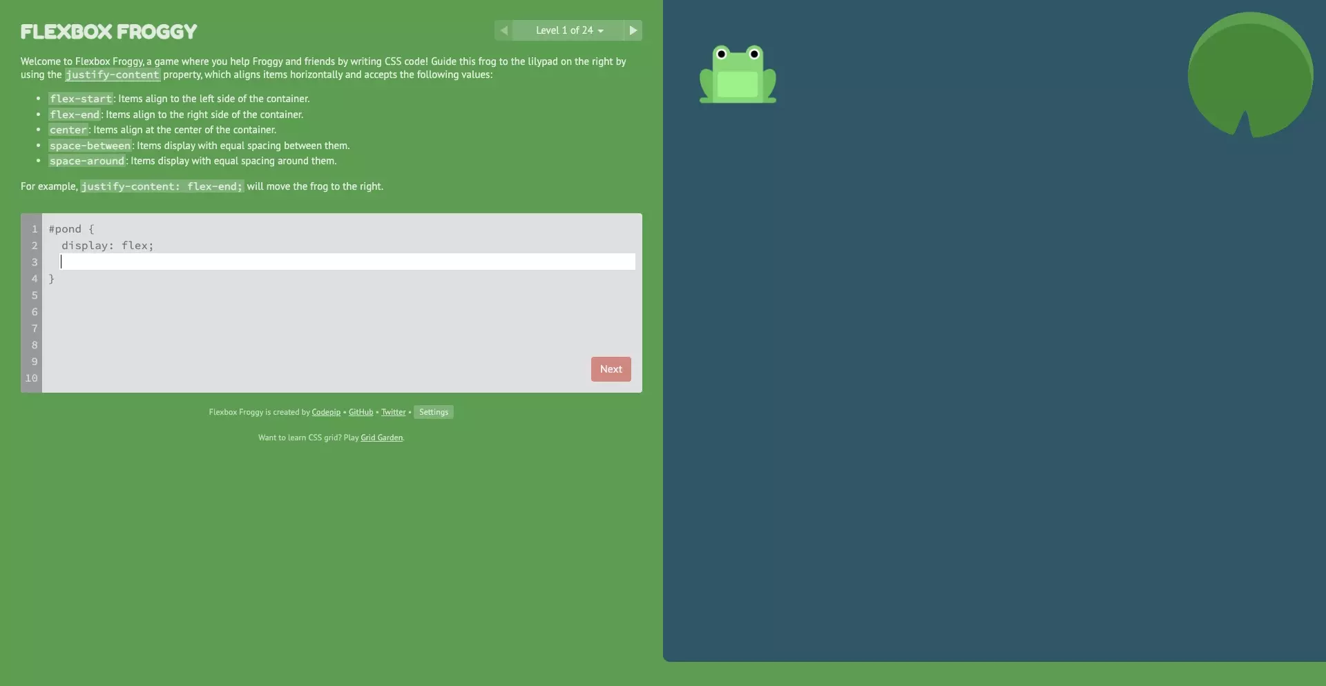 A screenshot of the flexboxfroggy website that teaches you how to use Flexbox through an interactive game.