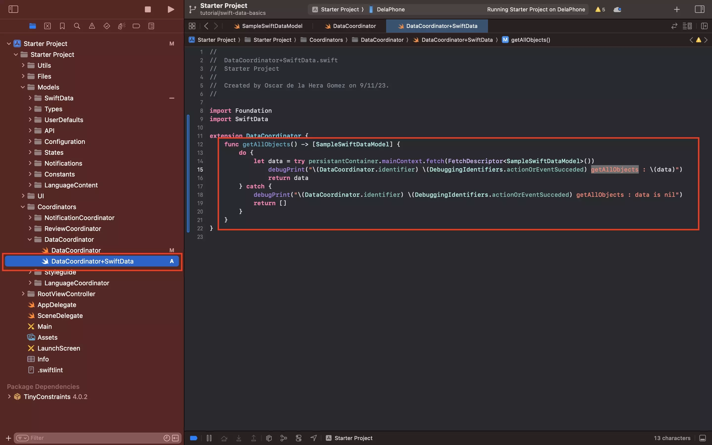 A screenshot of Xcode showing the DataCoordinator+SwiftData.swift file. Highlighted is the functionality that allows us to fetch all the objects. Sample code found below.