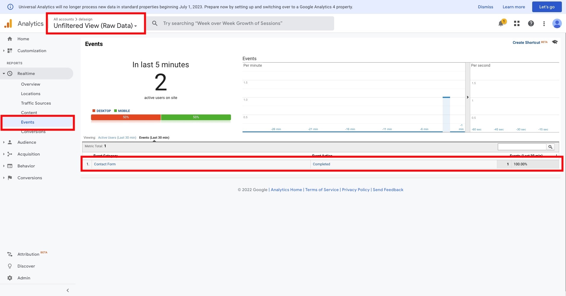 A screenshot of Google Analytics (UA) with the custom event showing in real time.
