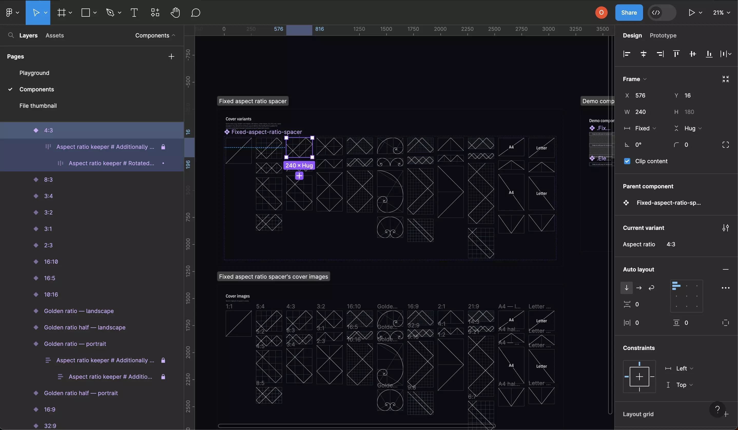 A screenshot of the Fixed aspect ratio in Figma Auto Layout Figma Community file. The components page is selected and we have selected the 4:3 aspect ratio Fixed-aspect-ratio-spacer component variant.