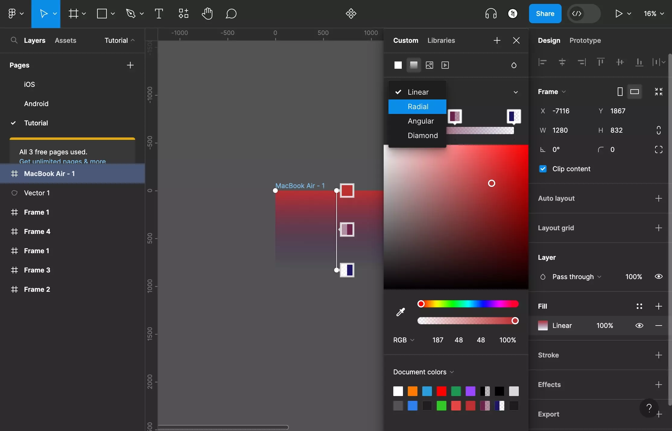 A screenshot of Figma that shows you how to frame that has been selected. The color menu is open and is set to the gradient mode. We have shown the dropdown menu options that appear if you click the gradient mode caret. The options are Linear, Radial, Angular or Diamond.