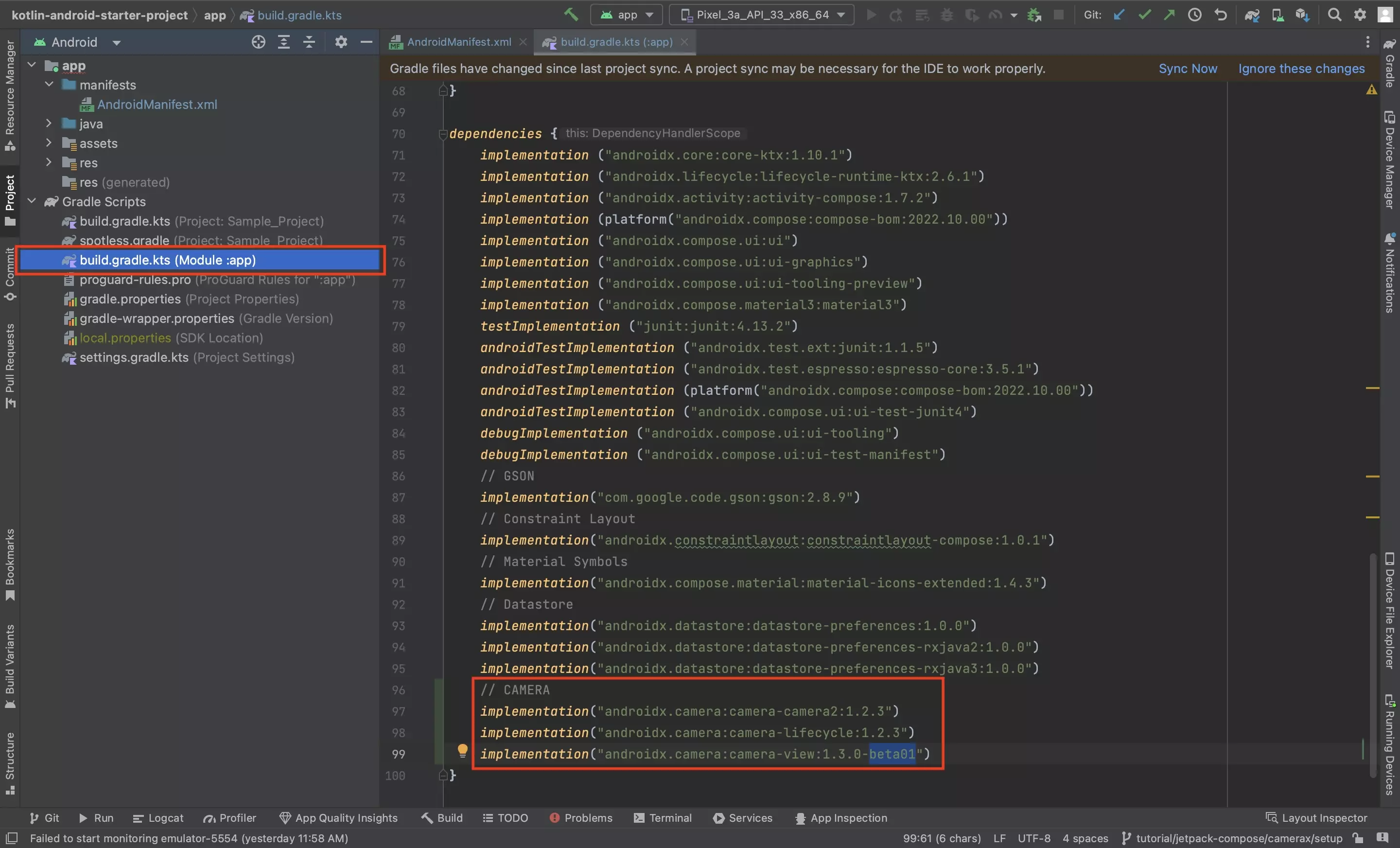 A screenshot of Android Studio showing you the build.gradle.kts at the app level. Highlighted are the dependencies that need to be added. These are described below.