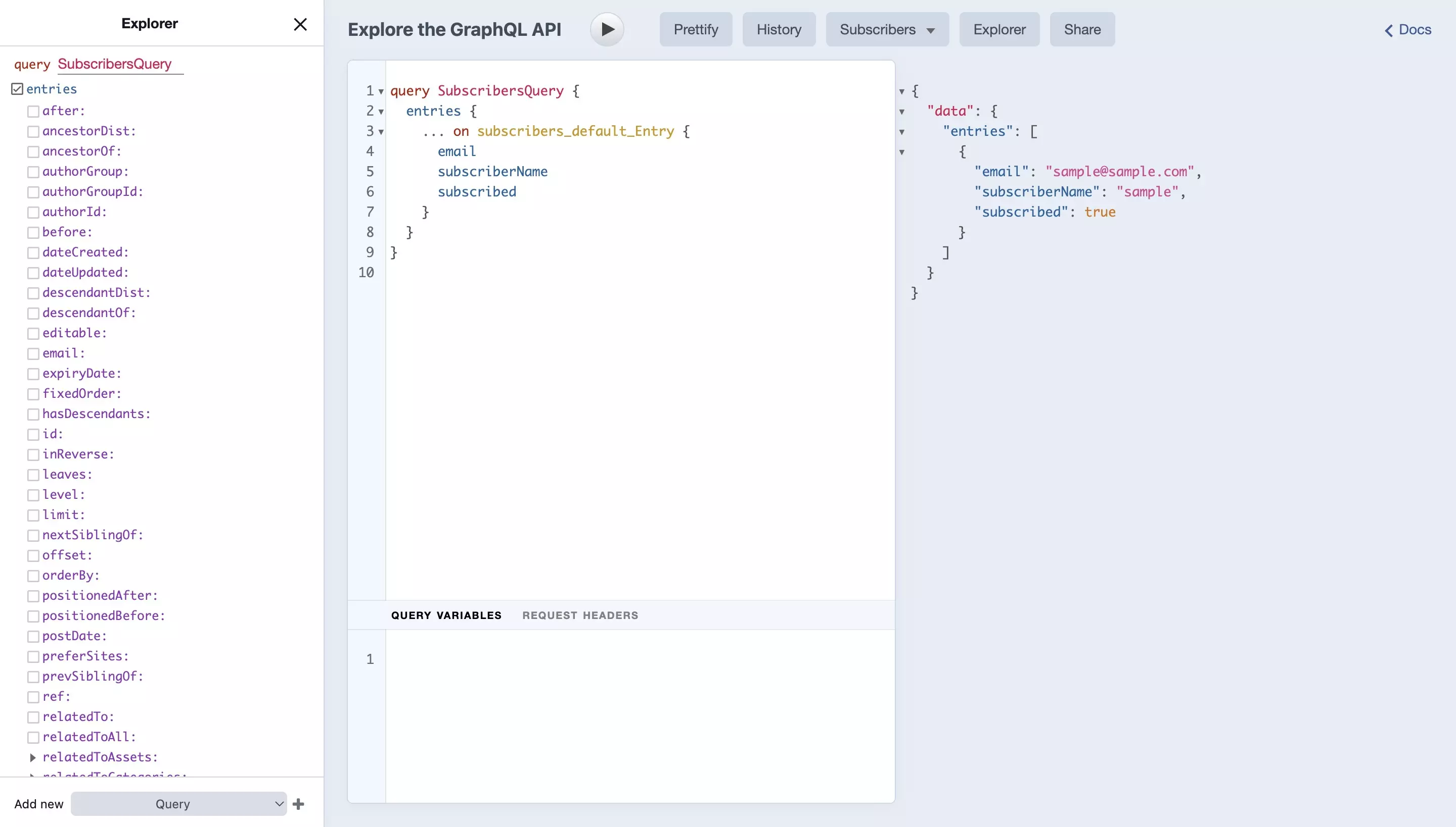 A screenshot of the Craft CMS GraphiQl demonstrating a query that gathers all the Subscribers.