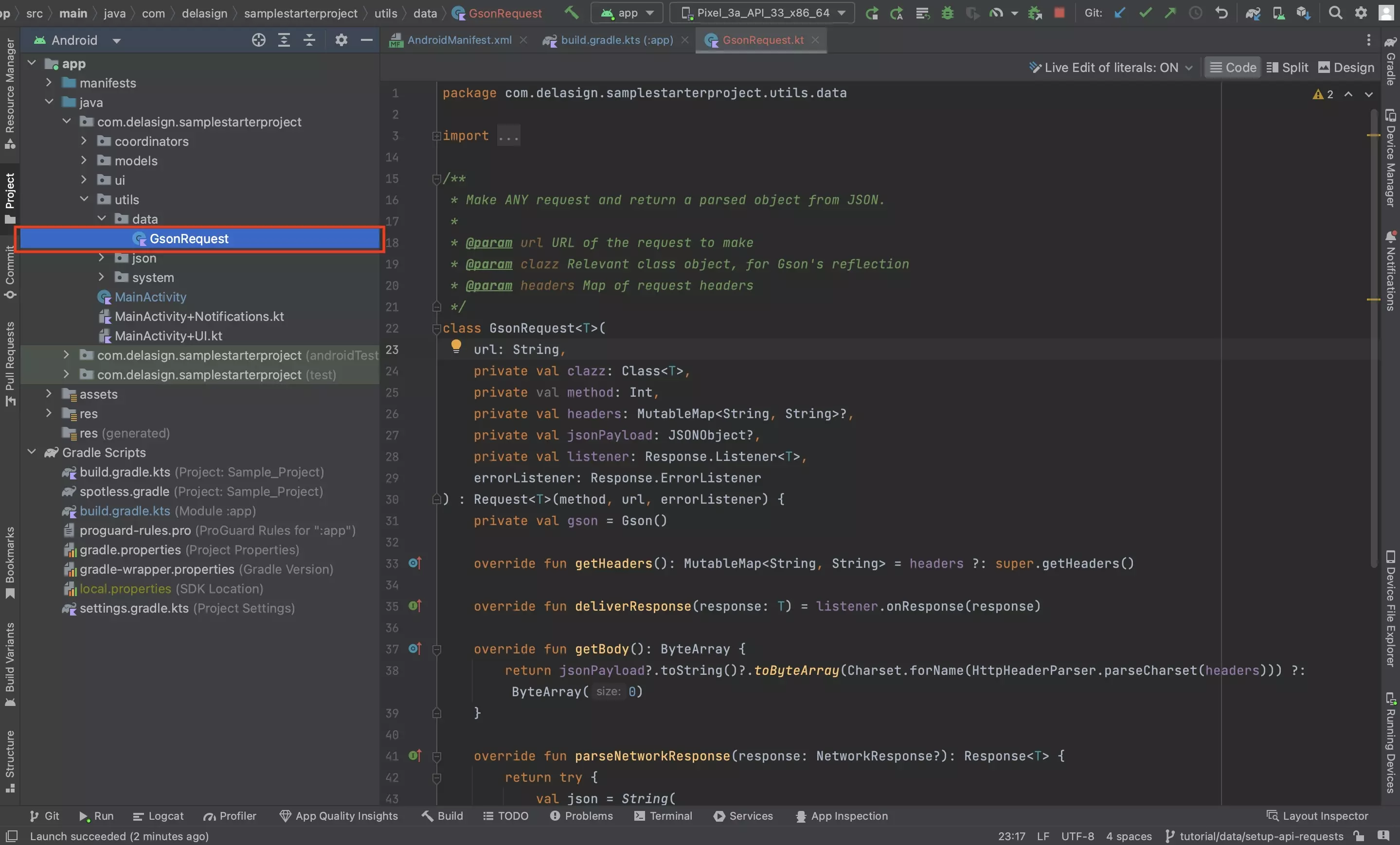 A screenshot of AndroidStudio showing the GSONRequest.kt class. Code is available below.