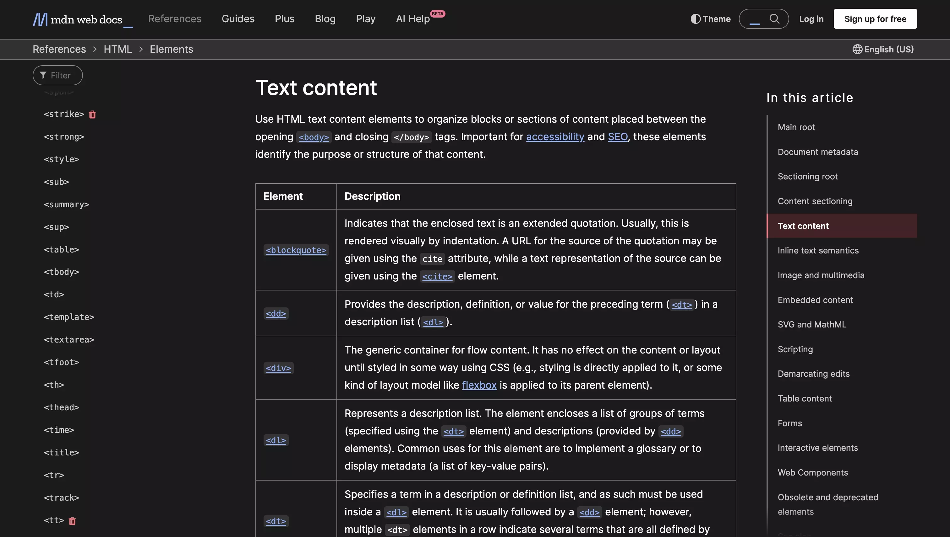 A screenshot of Mozilla's page that lists out all the available HTML elements.