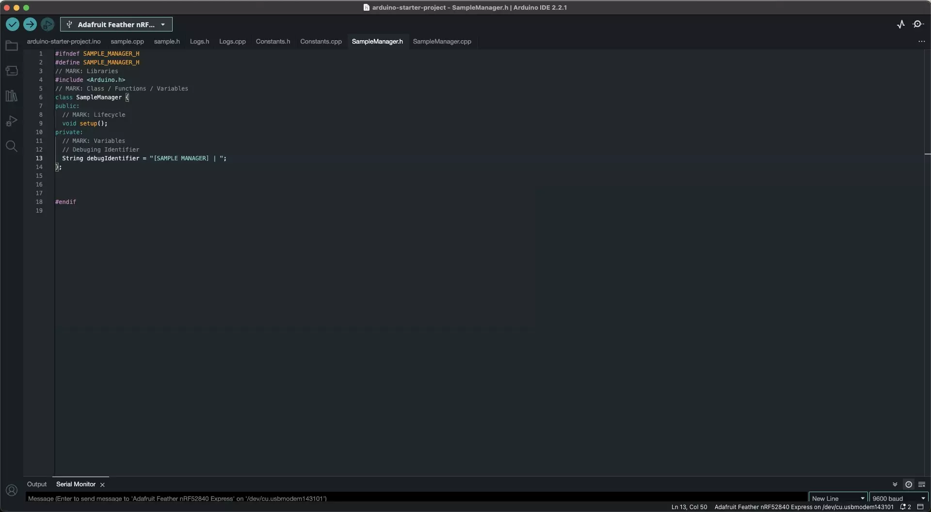 A screenshot of the Arduino IDE showing the header file for our Sample Manager.