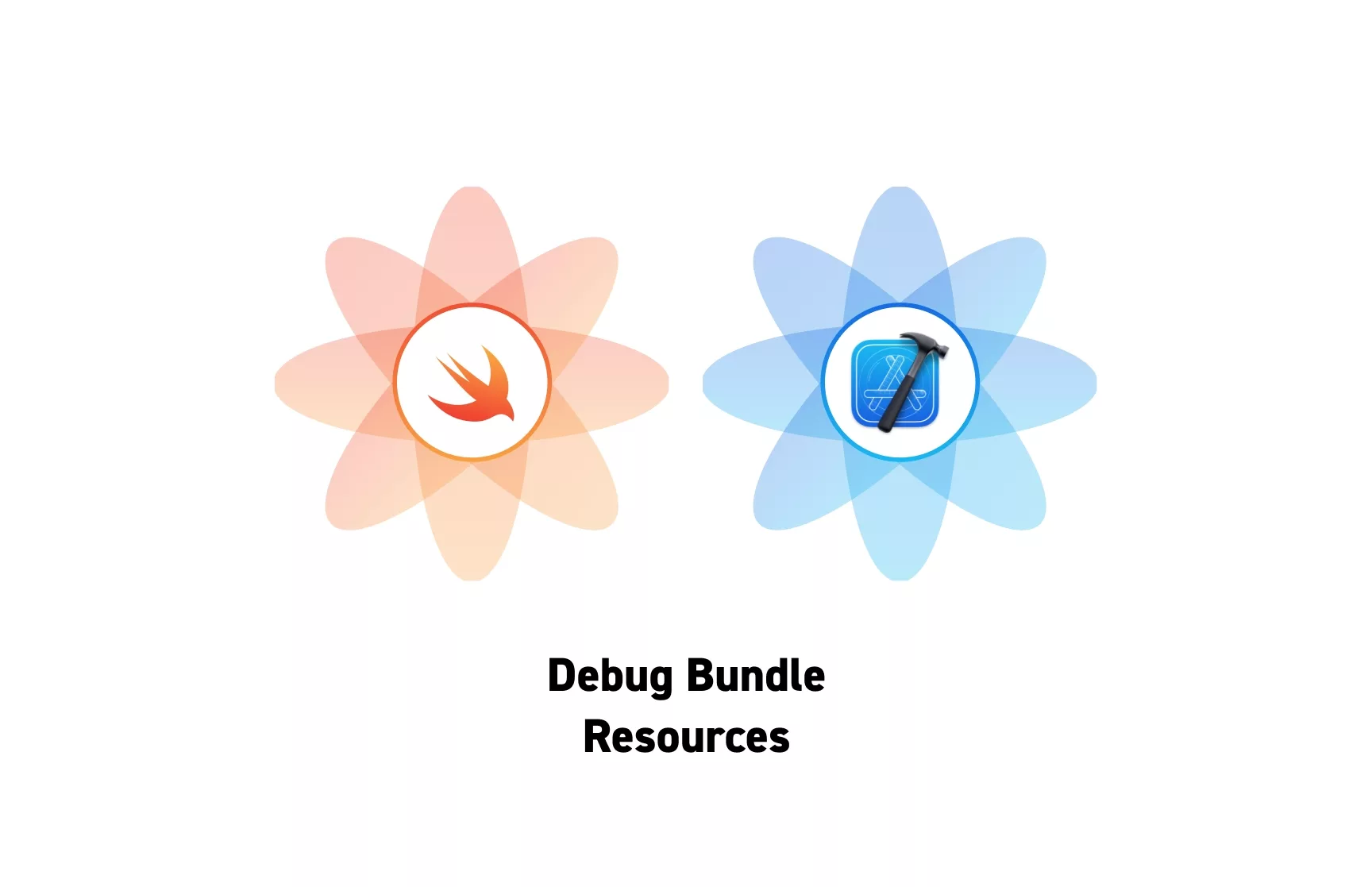 Two flowers that represent Swift and XCode side by side with the text "Debug Bundle Resources" beneath them.