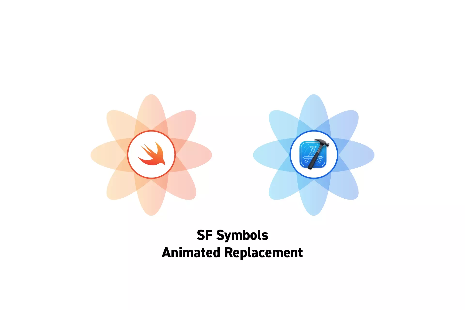 Two flowers that represent Swift and XCode side by side with the text "SF Symbols Animated Replacement" beneath them.