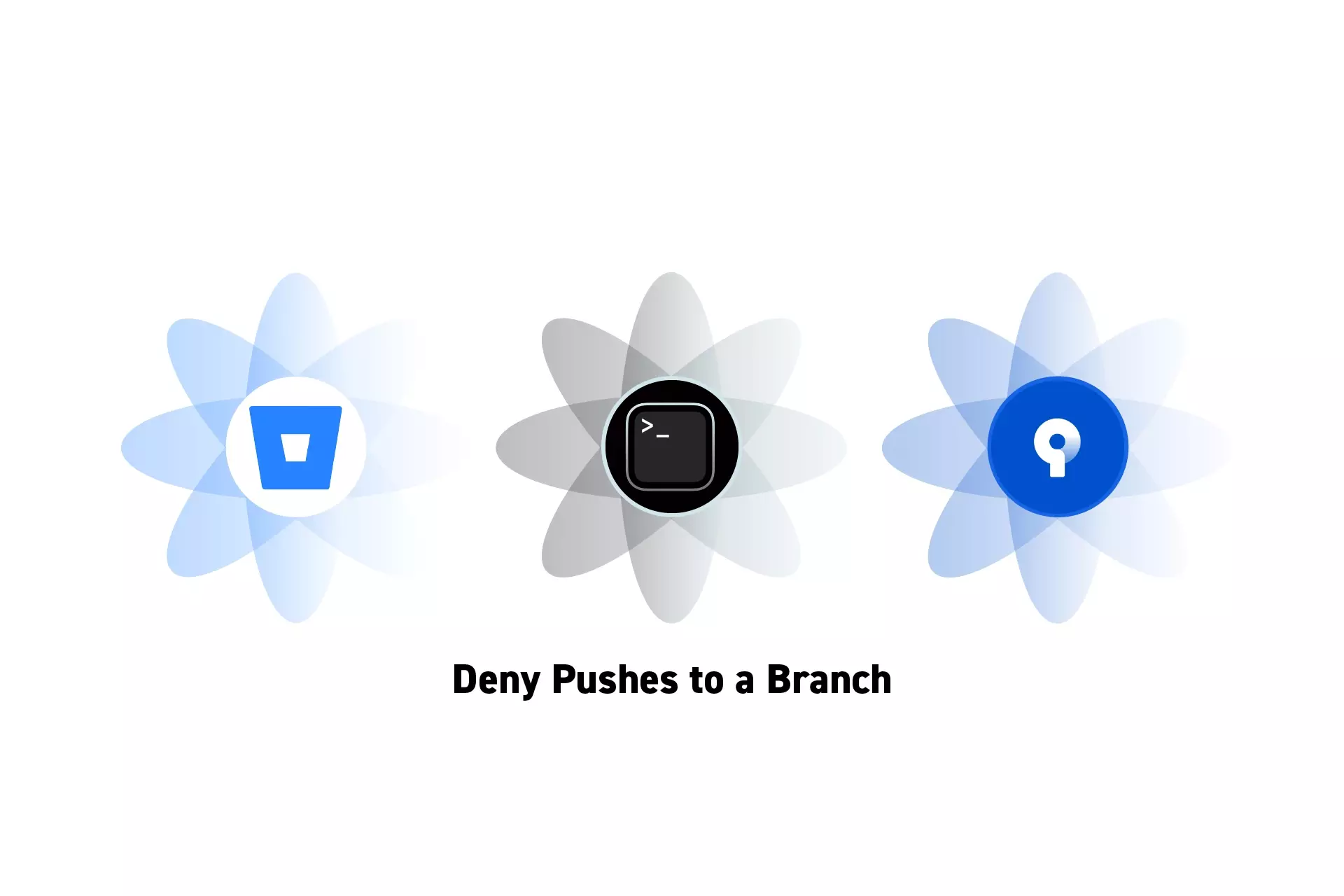 Three flowers that represent Bitbucket, Terminal and Sourcetree side by side. Beneath them sits the text "Deny Pushes to a Branch."