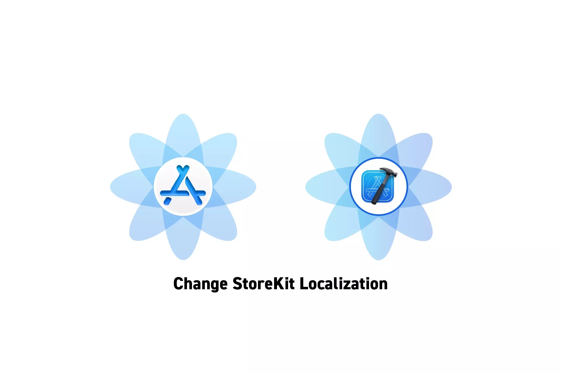 Two flowers that represents StoreKit and Xcode side by side. Beneath them sits the text "Change StoreKit Localization."