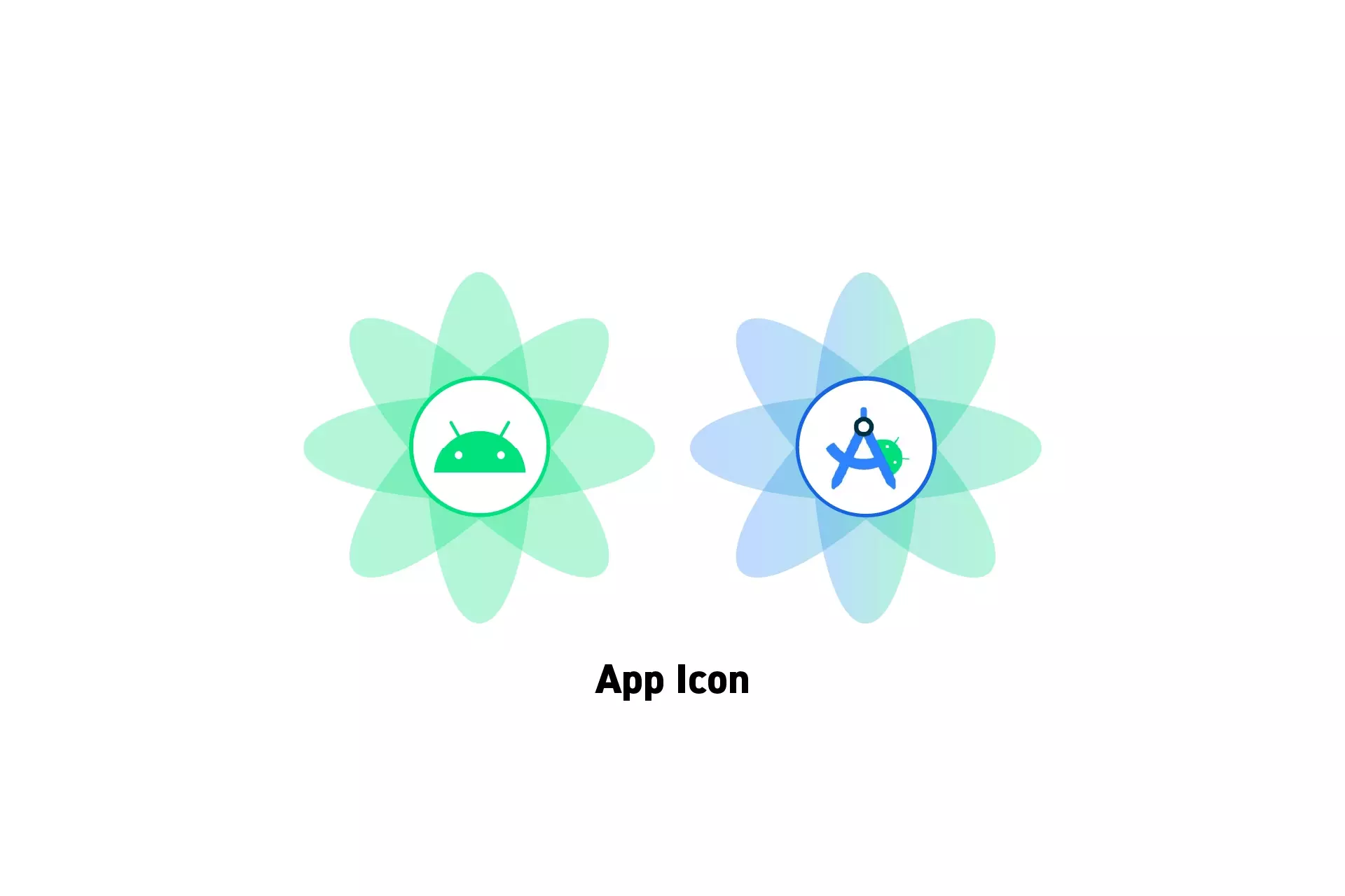 Two flowers that represent Android and Android Studio with the text "App Icon" beneath them.