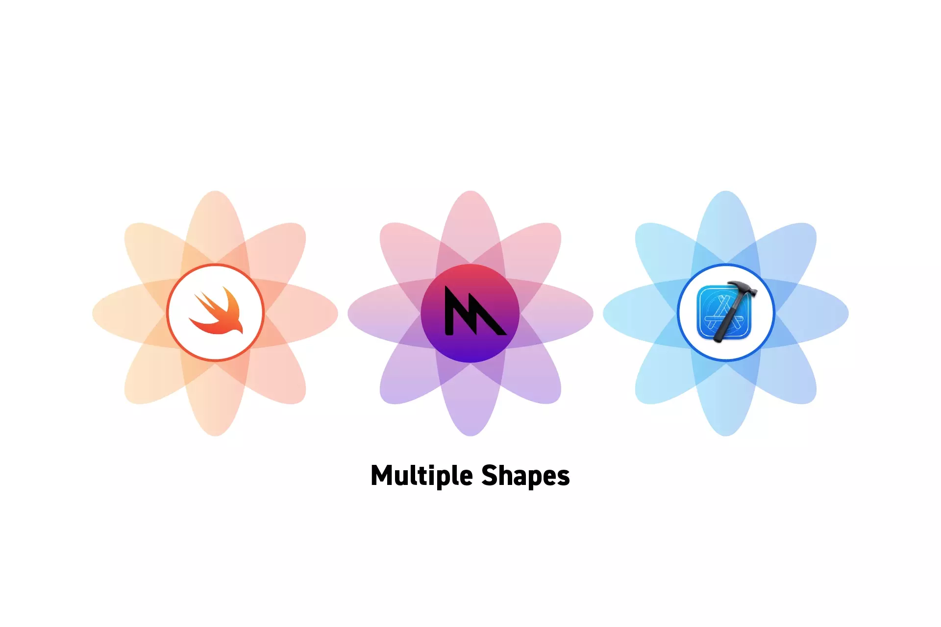 Three flowers that represent Swift, Metal and Xcode with the text "Multiple Shapes" beneath them.